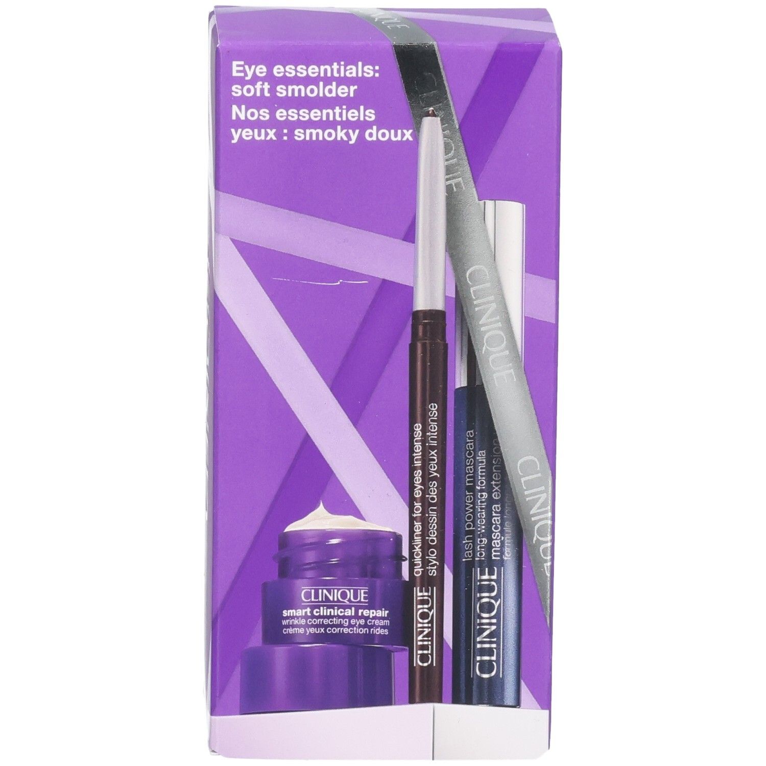 Avant d'un set Clinique Eye Essentials avec crème pour les yeux, crayon et mascara.
