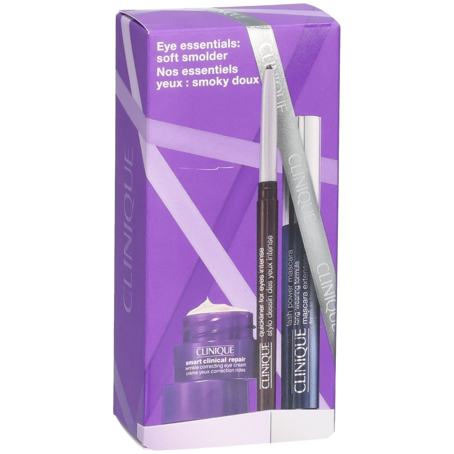 Set Clinique Eye Essentials : crème pour les yeux, crayon et mascara dans un emballage violet.
