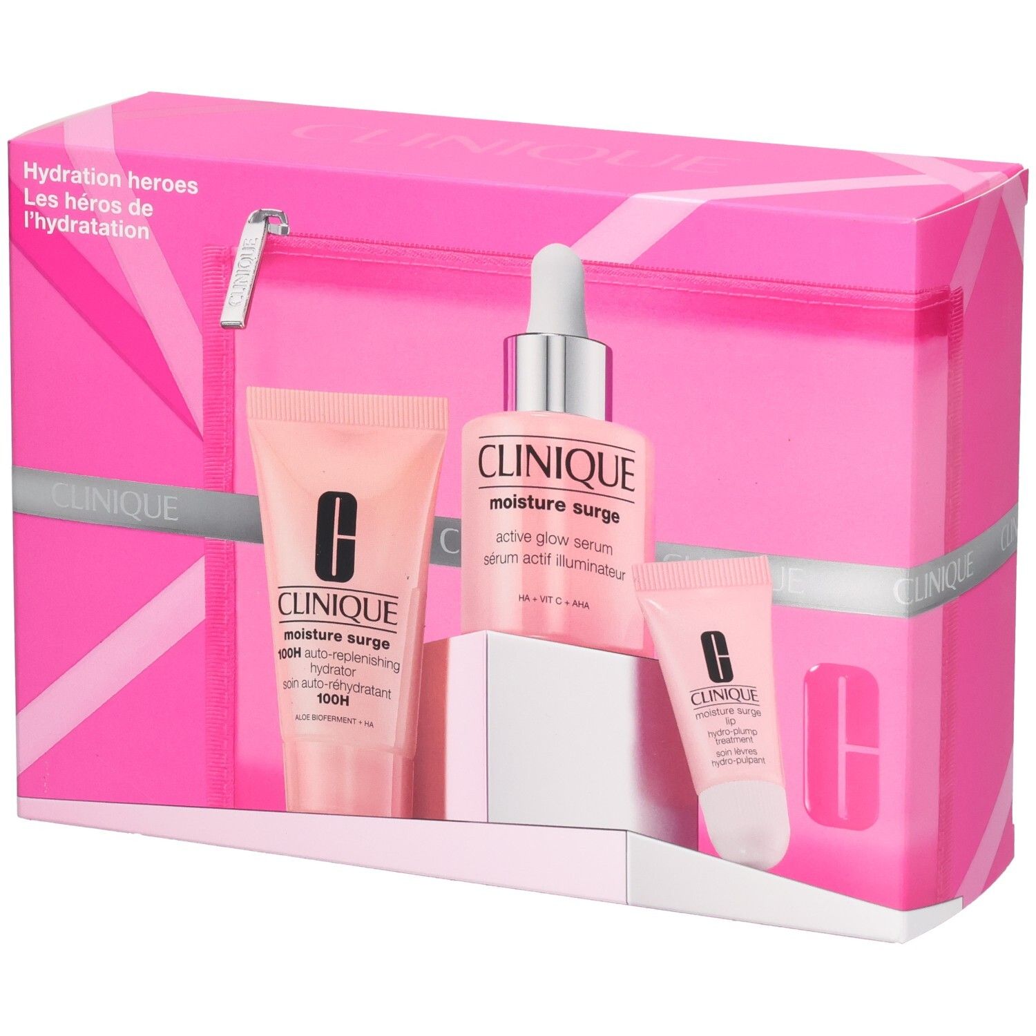 Boîte cadeau Clinique ouverte, montrant trois produits de soin : sérum, crème hydratante, contour des yeux.