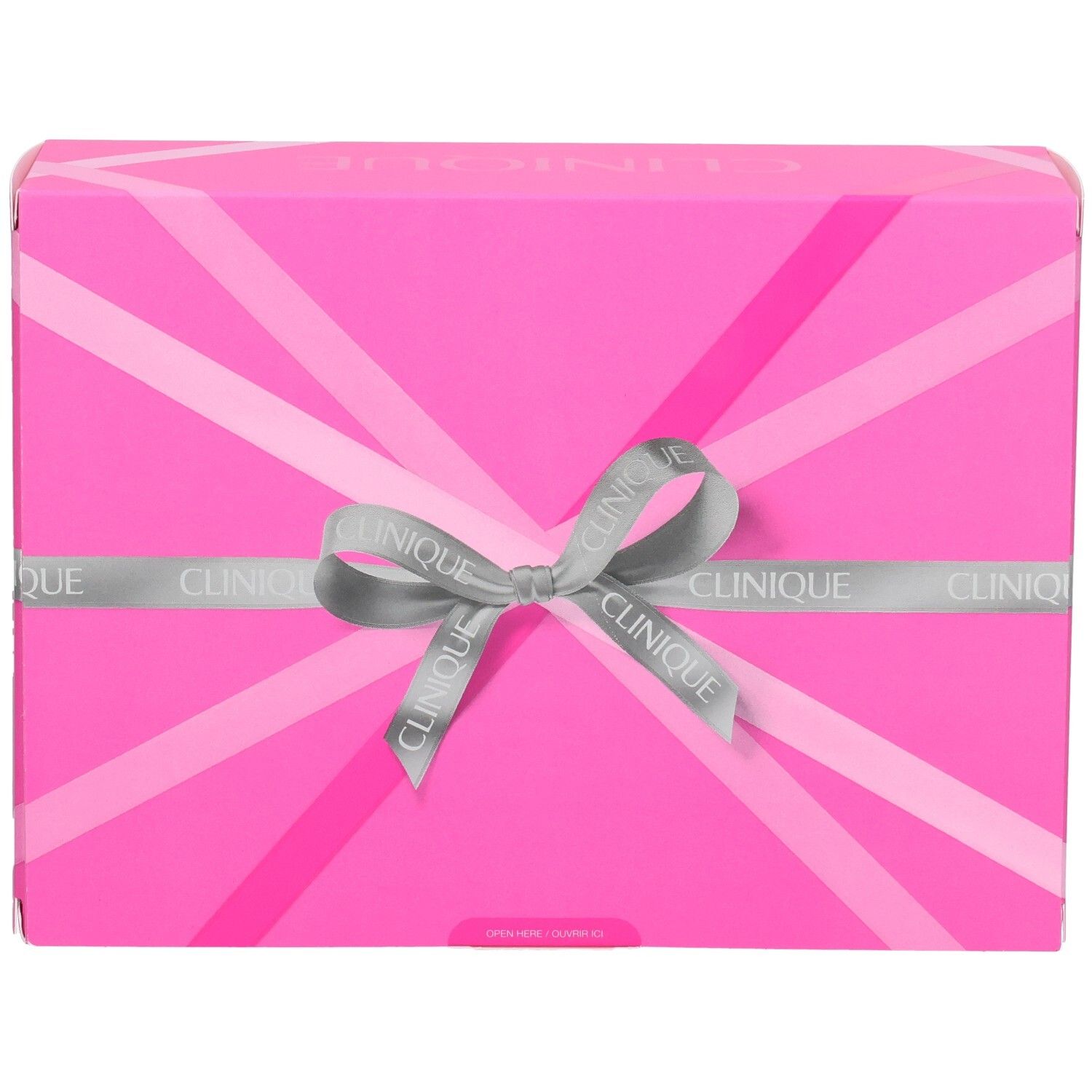 Boîte cadeau Clinique fermée, motif rayures roses, ruban Clinique.
