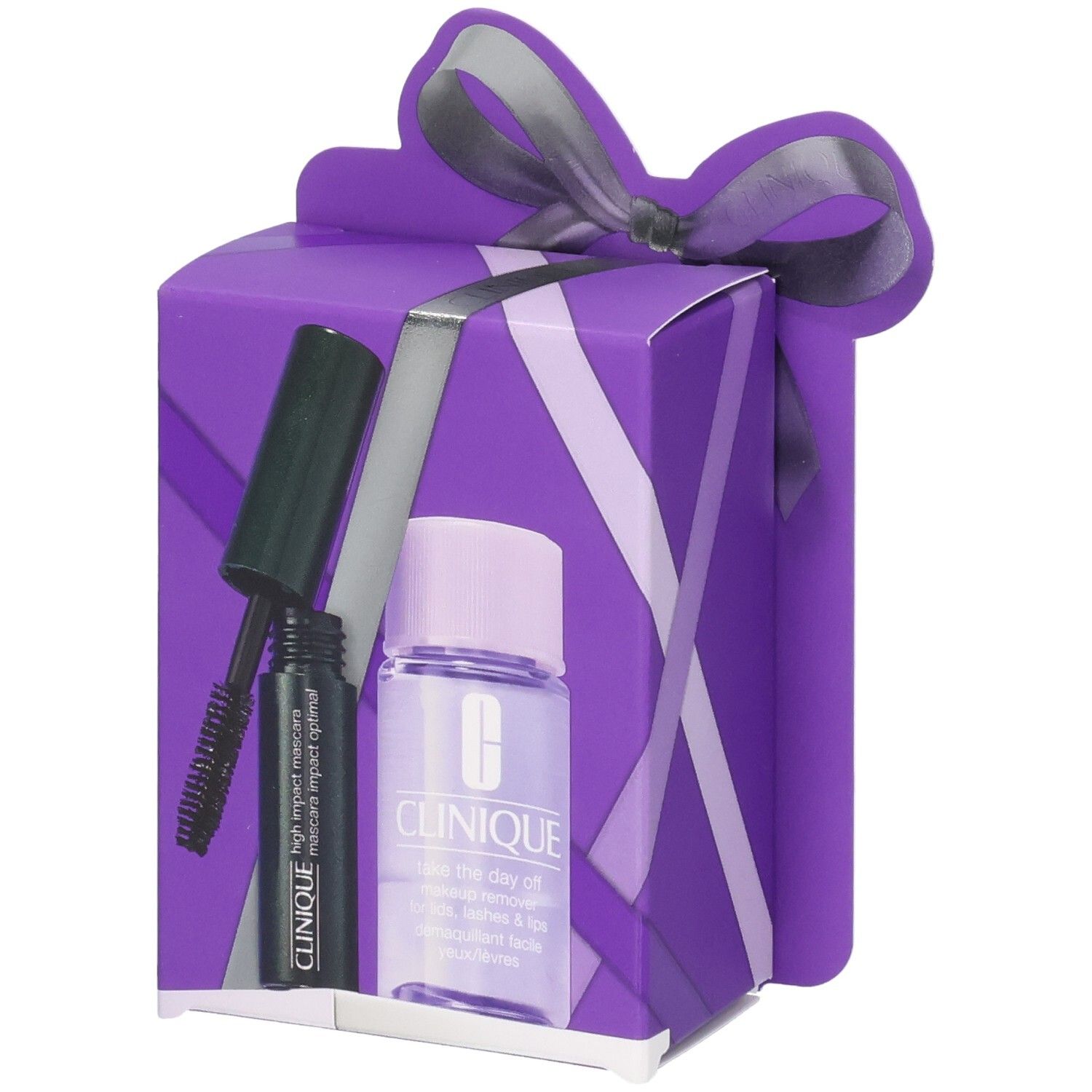 Boîte cadeau Clinique avec mascara et démaquillant.