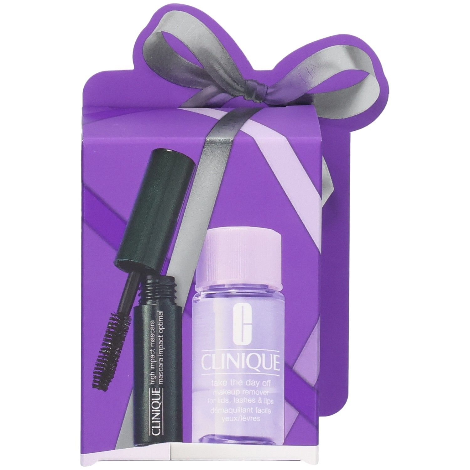 Boîte cadeau Clinique avec mascara et démaquillant.