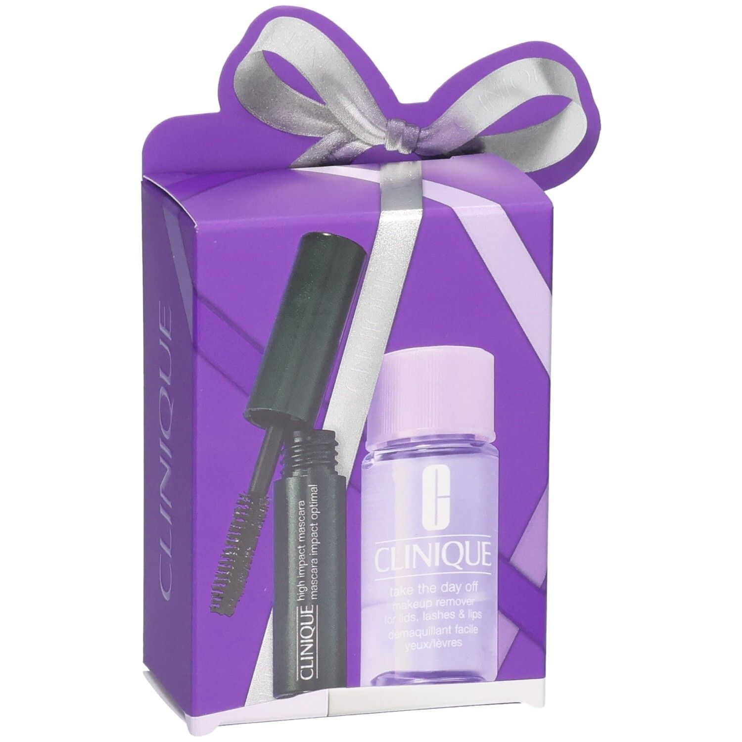 Boîte cadeau Clinique avec mascara et démaquillant.