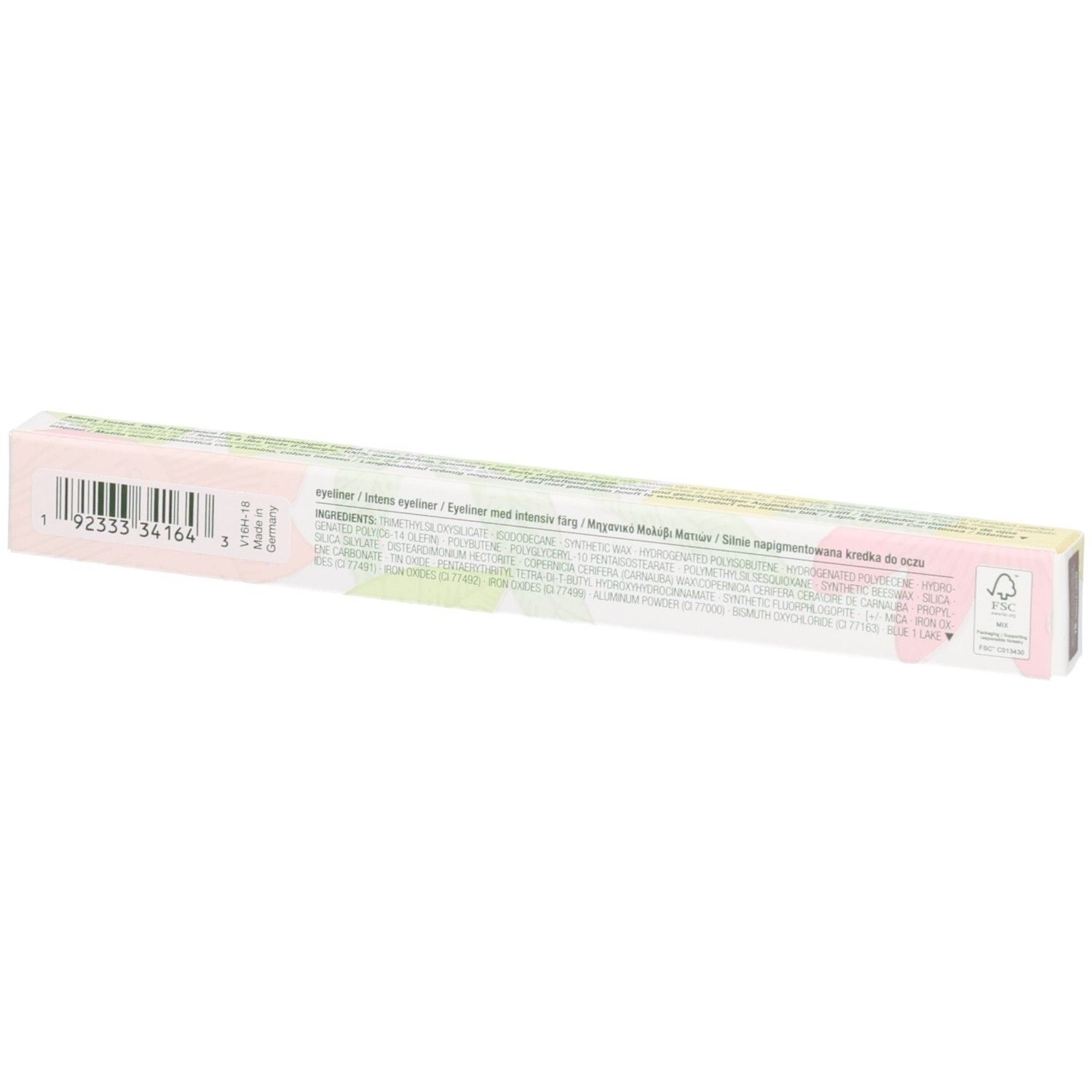 Emballage d'un crayon eye-liner avec motif floral et liste des ingrédients.