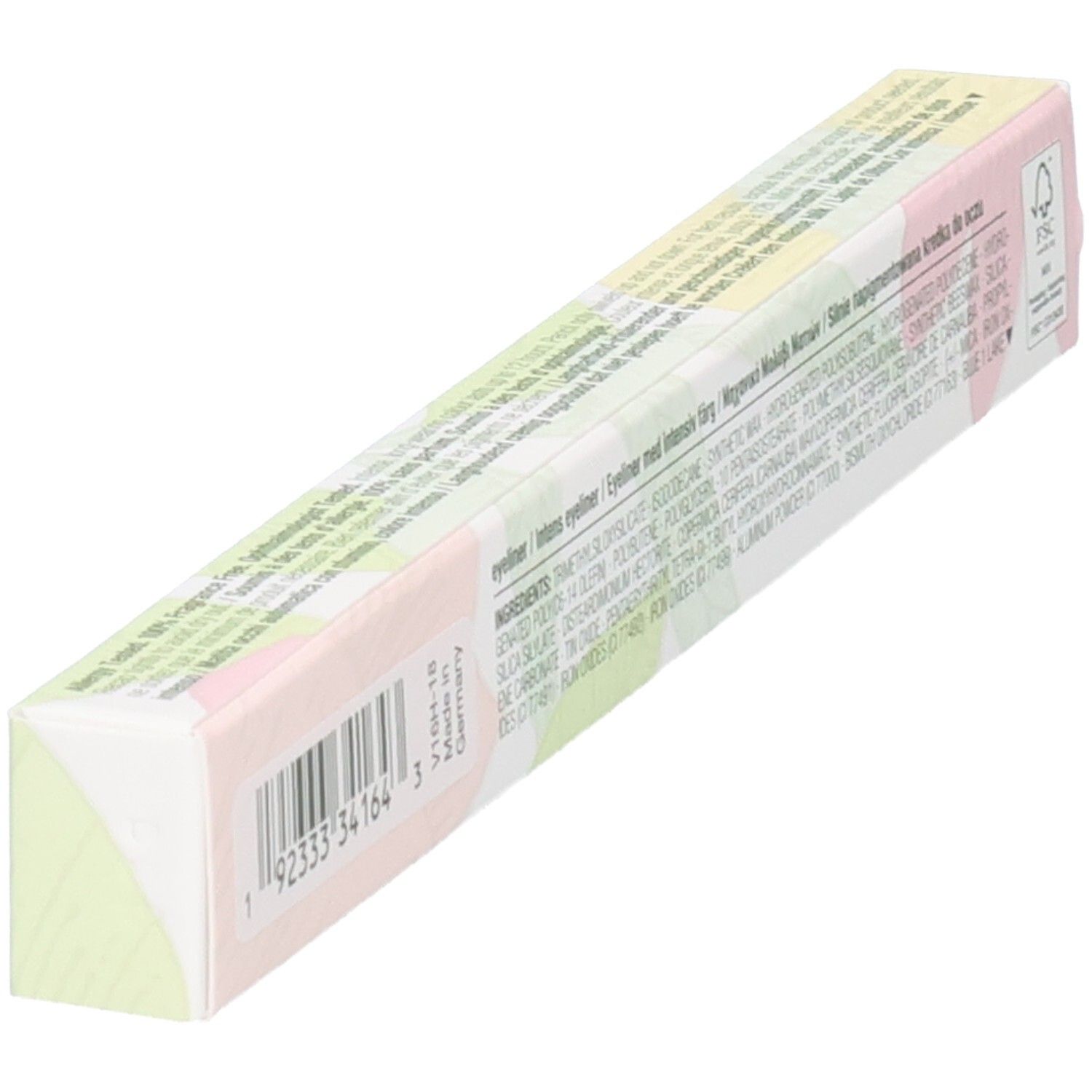 Emballage d'un crayon eye-liner avec motif floral et liste des ingrédients.