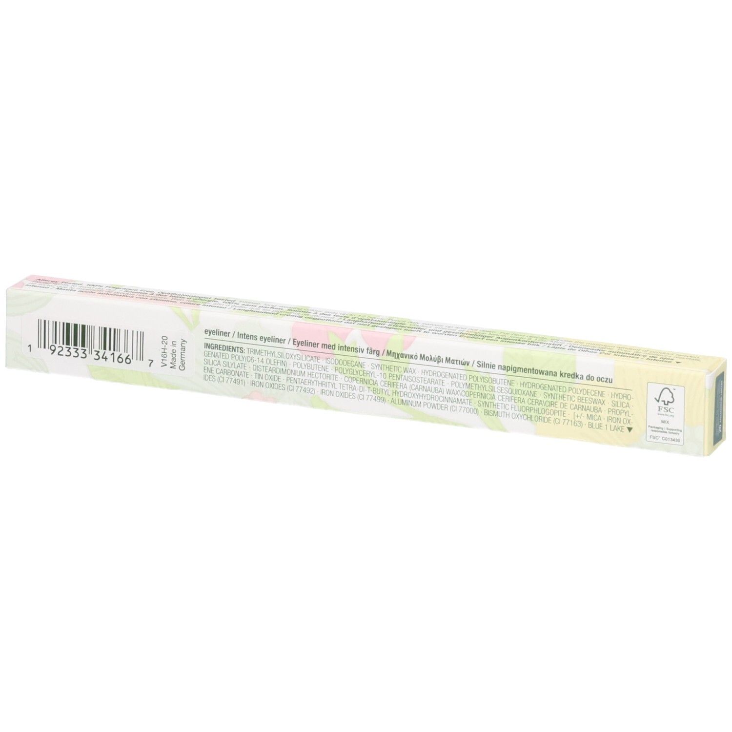 Emballage d'un crayon eye-liner avec motif floral et liste des ingrédients.