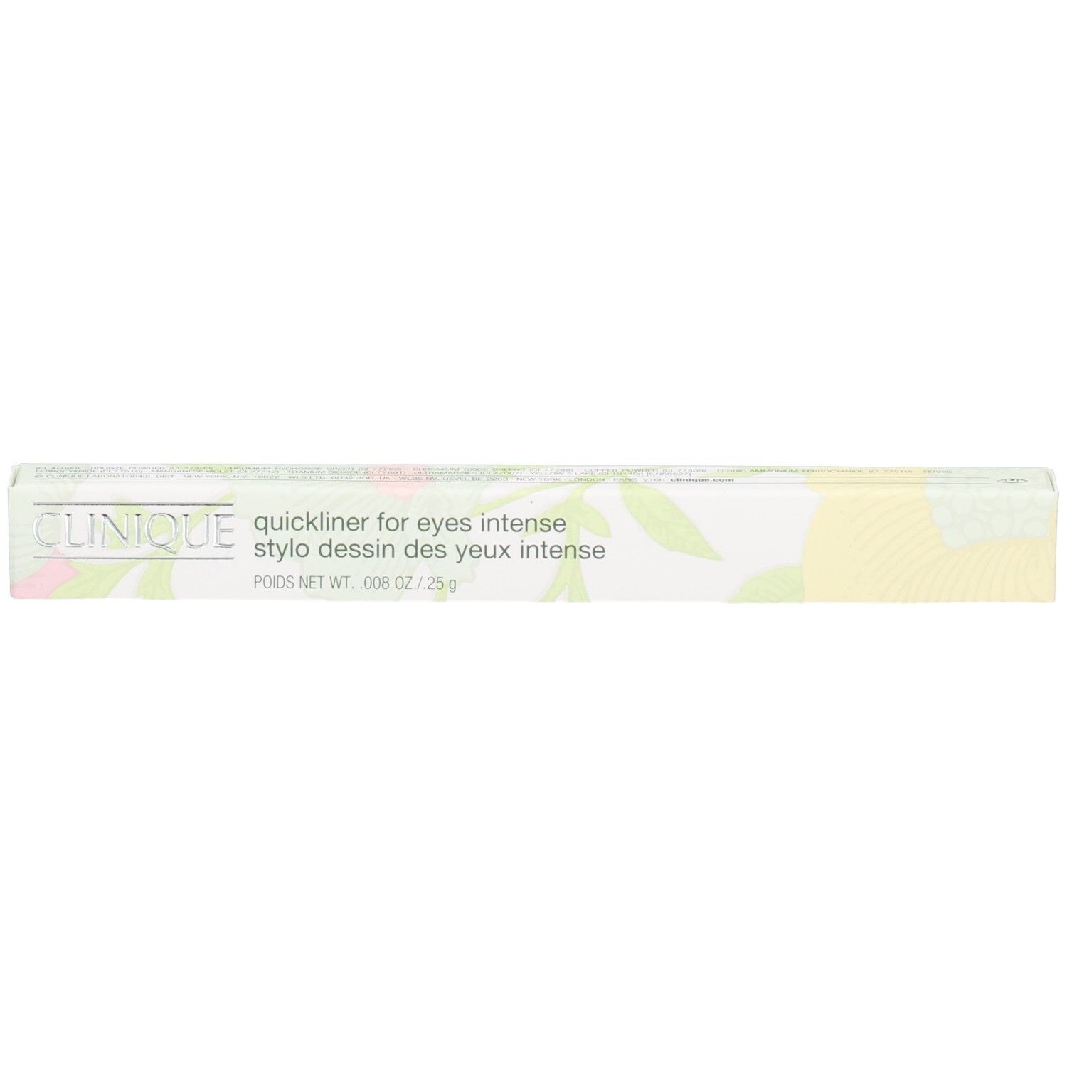 Boîte du crayon Clinique Quickliner for eyes intense avec motif floral.