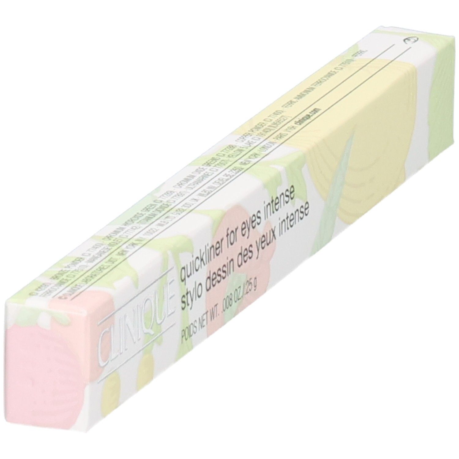 Clinique Quickliner for Eyes Intense, emballage de crayon à motif floral, vue latérale.