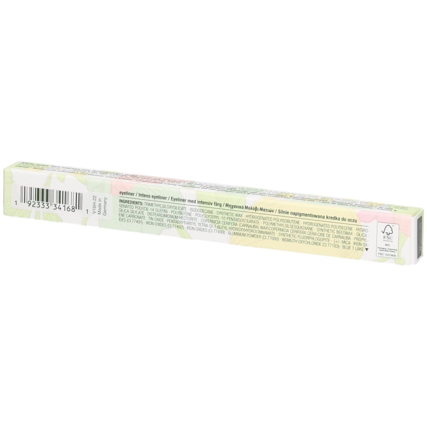 Clinique Quickliner for Eyes Intense, emballage de crayon à motif floral, dos avec ingrédients.