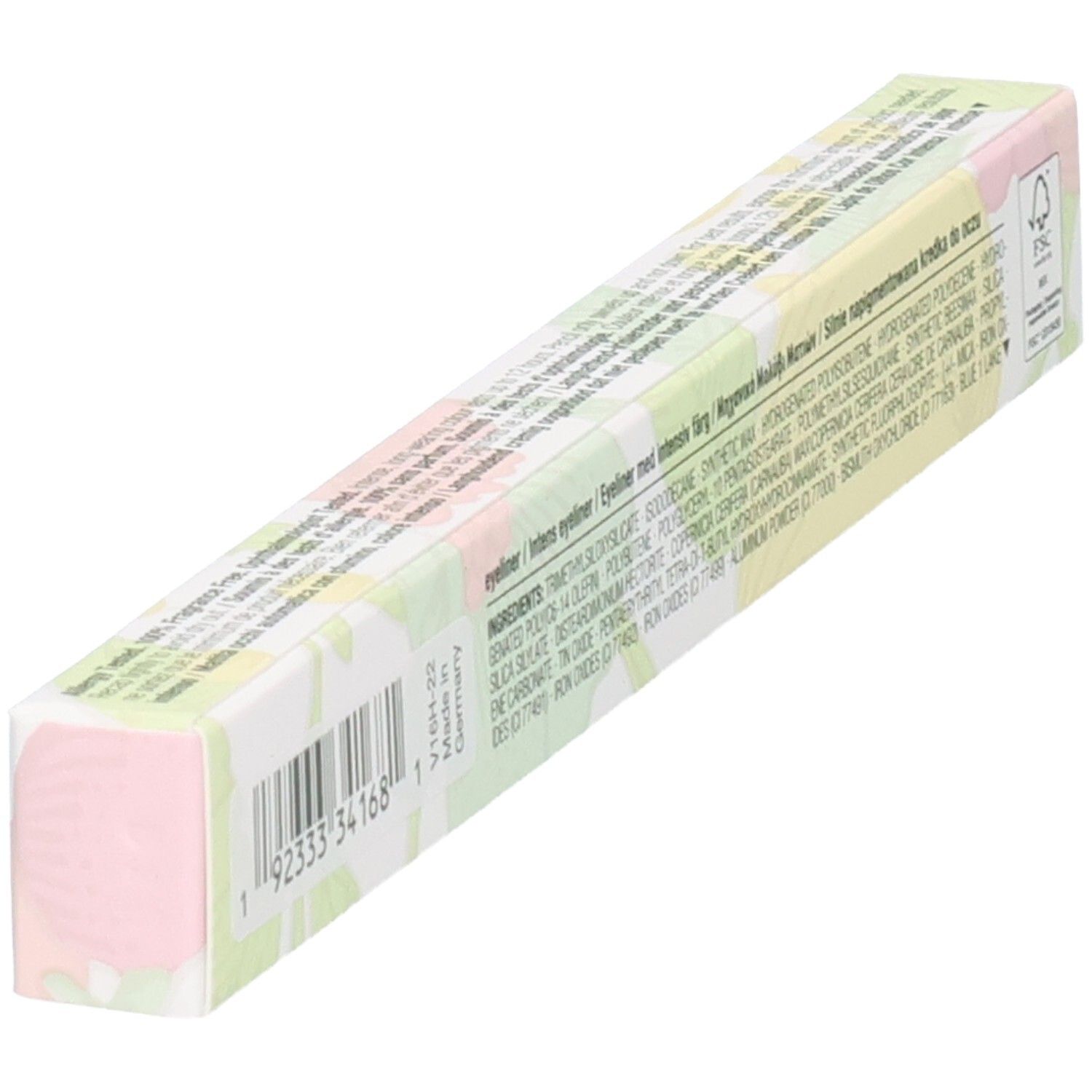 Clinique Quickliner for Eyes Intense, emballage de crayon à motif floral, dos avec code-barres.