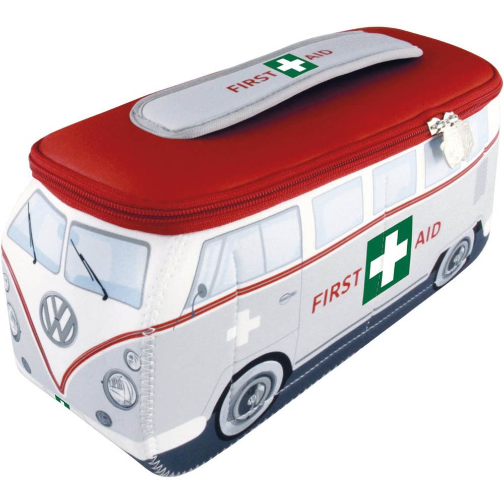 Trousse de premiers soins en combi VW, vue latérale. Rouge et blanc avec "First Aid".