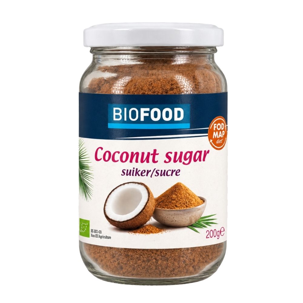Bocal de sucre de fleur de coco Biofood avec étiquette montrant une noix de coco, 'FODMAP diet' et 200g.