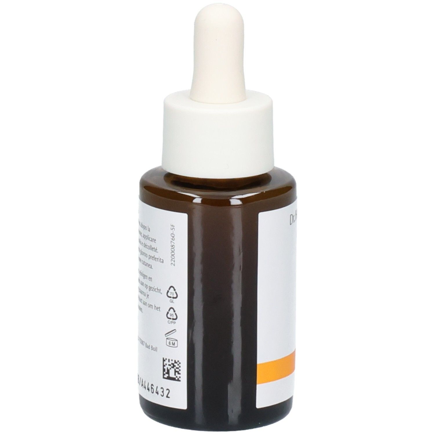 Arrière du flacon Dr.Hauschka Hydrating Serum Plus avec informations produit et symboles de recyclage.