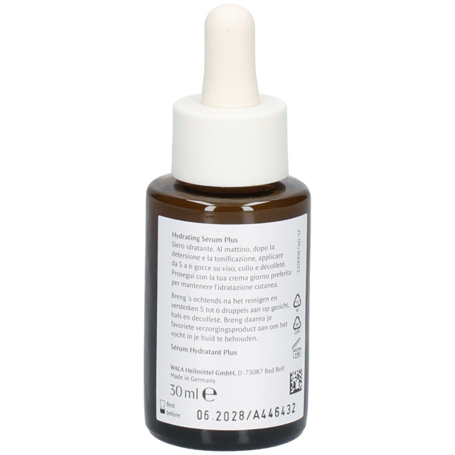 Flacon Dr.Hauschka Hydrating Serum Plus avec instructions d'utilisation détaillées en italien et allemand.