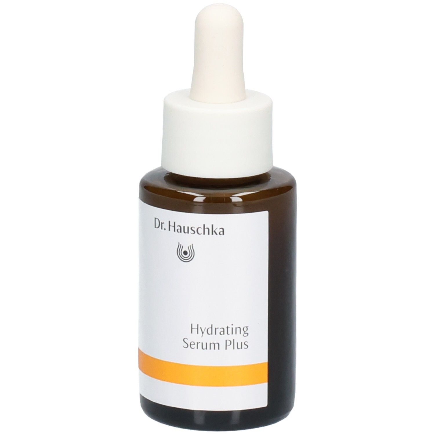 Sérum hydratant Dr.Hauschka Plus dans un flacon en verre brun avec bouchon compte-gouttes, vue de face.