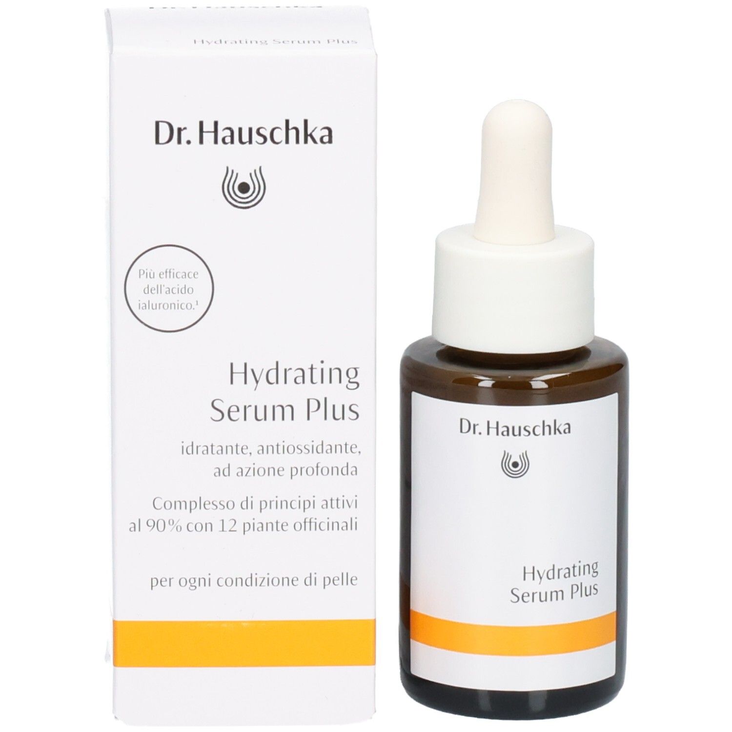 Flacon et emballage Dr.Hauschka Hydrating Serum Plus, vue de face avec descriptions produit en italien.