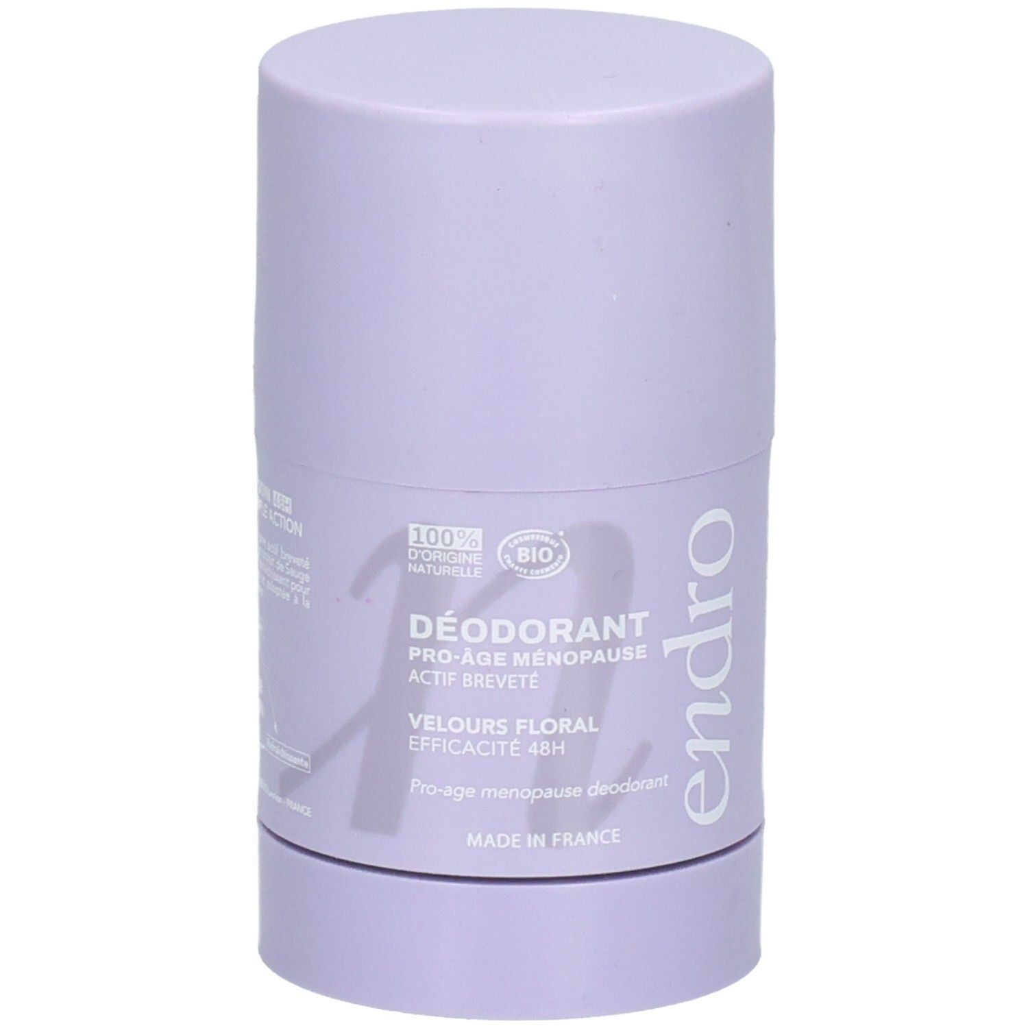 Stick déodorant lilas avec inscriptions 'Endro' et 'Déodorant Pro-Âge Ménopause'.