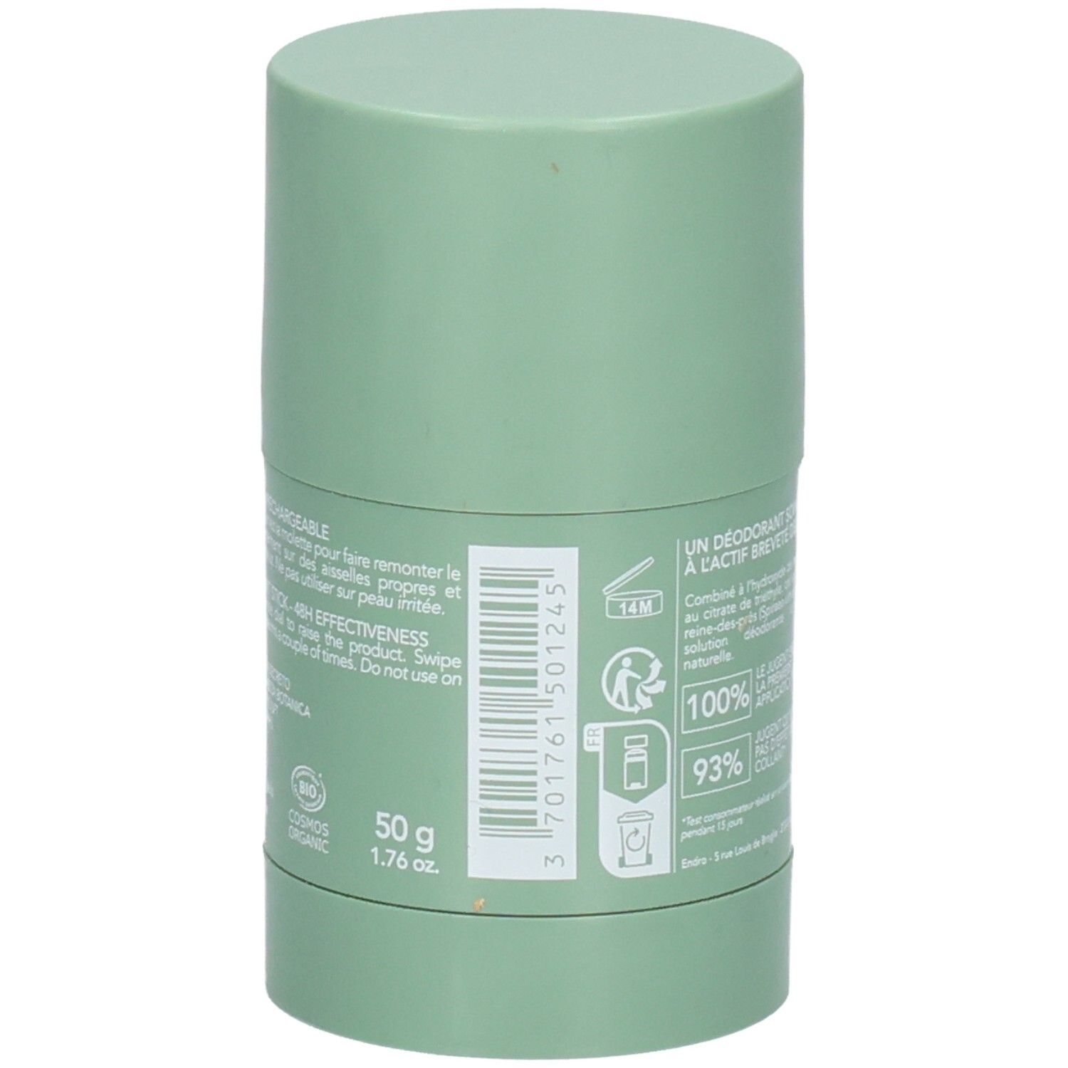 Déodorant stick Endro: 50g, efficacité 48H, certifié Bio. Code-barres et informations produit.