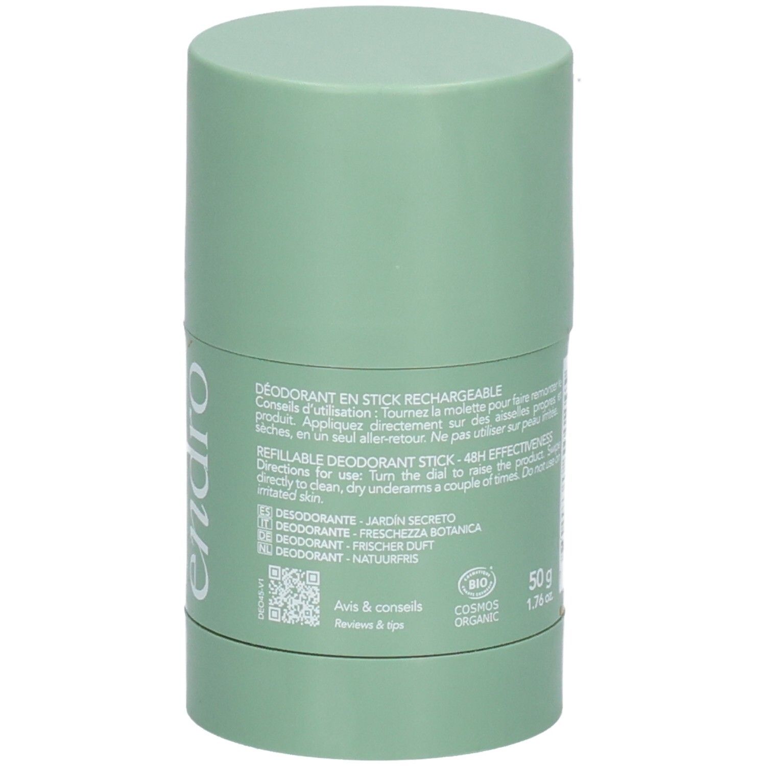 Déodorant stick Endro: Rechargeable, efficacité 48H, fraîcheur végétale. Certifié Cosmos Organic.