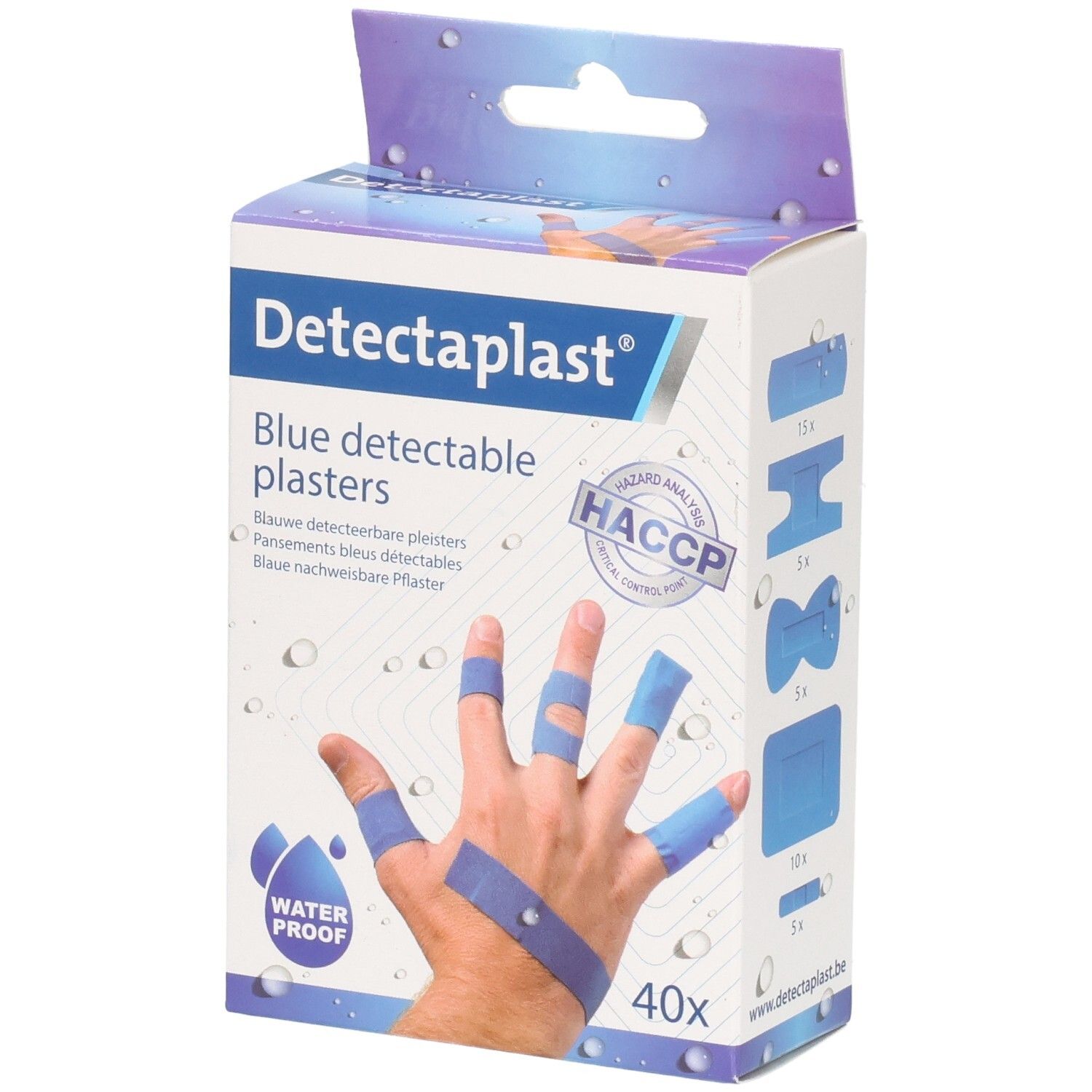 Pansements bleus détectables et imperméables Detectaplast. Boîte montrant une main avec pansements. 40 pièces.