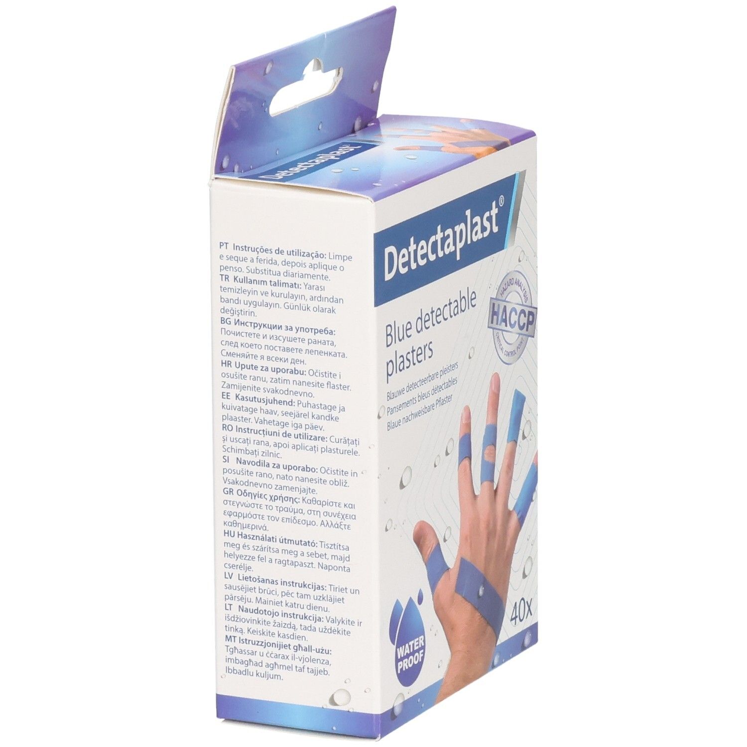 Pansements bleus détectables et imperméables Detectaplast. Arrière de la boîte avec instructions multilingues. 40 pièces.