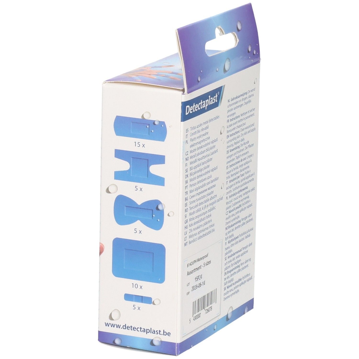 Pansements bleus détectables et imperméables Detectaplast. Vue latérale de la boîte montrant différentes tailles de pansements. 40 pièces.