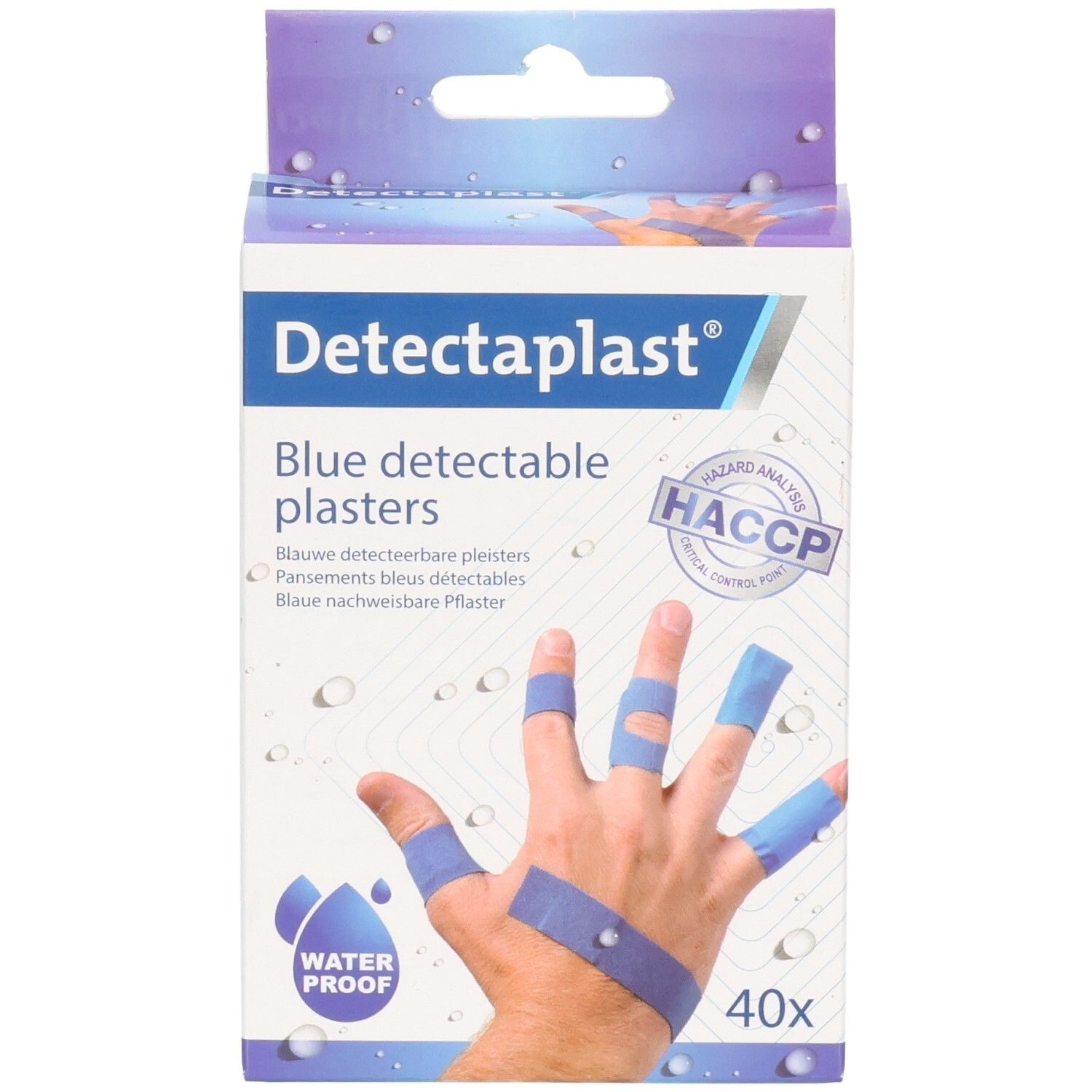 Pansements bleus détectables et imperméables Detectaplast. Face avant de la boîte avec sceau HACCP et symbole imperméable. 40 pièces.