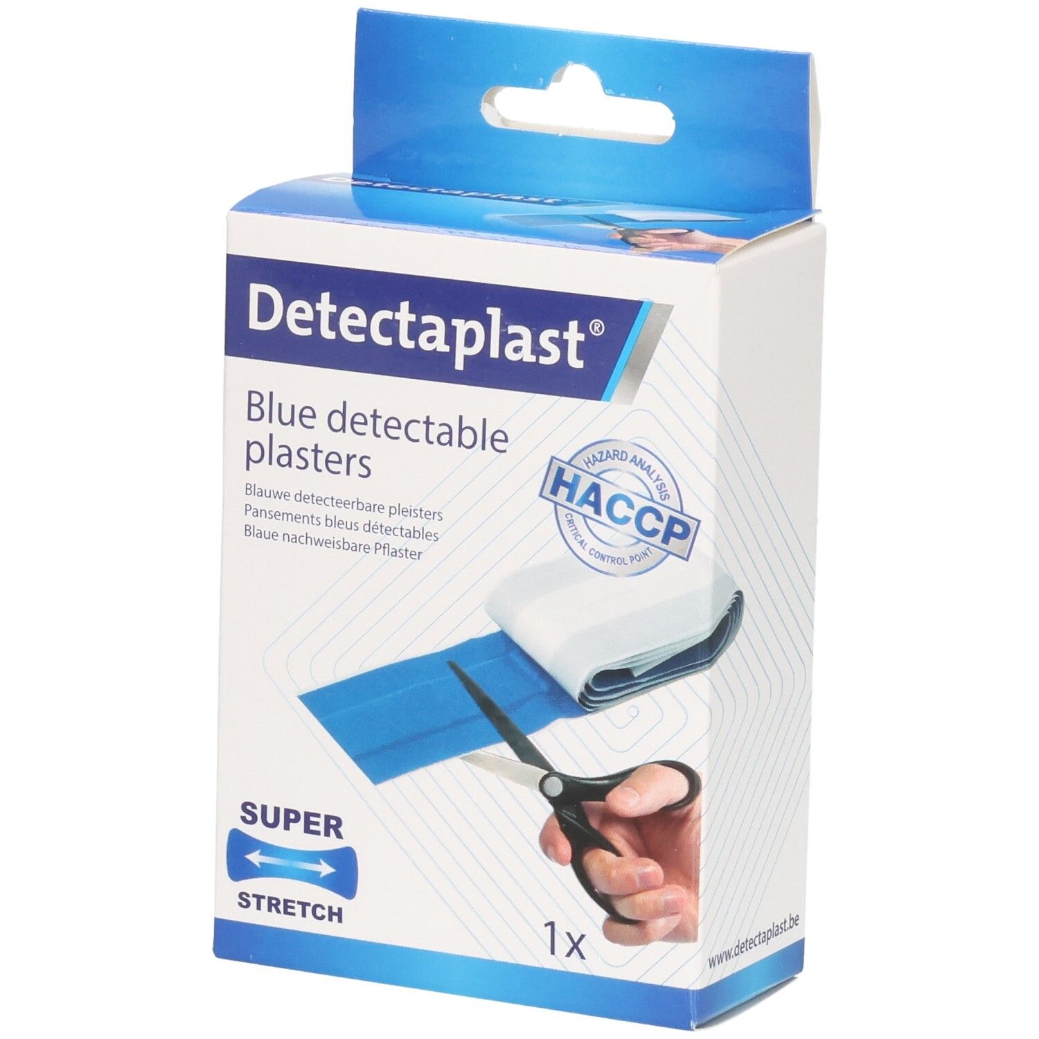 Rouleau de pansements bleus détectables Detectaplast, 6 cm x 1 m, Super Stretch, certifié HACCP.