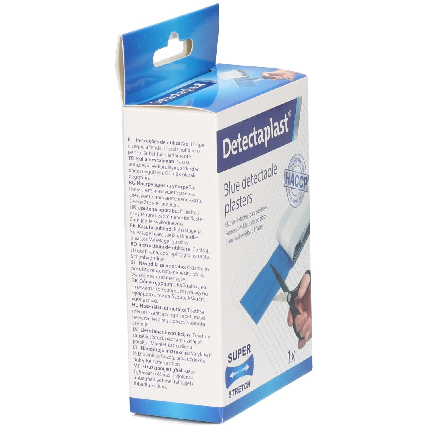 Emballage avec instructions multilingues pour pansements bleus détectables Detectaplast.
