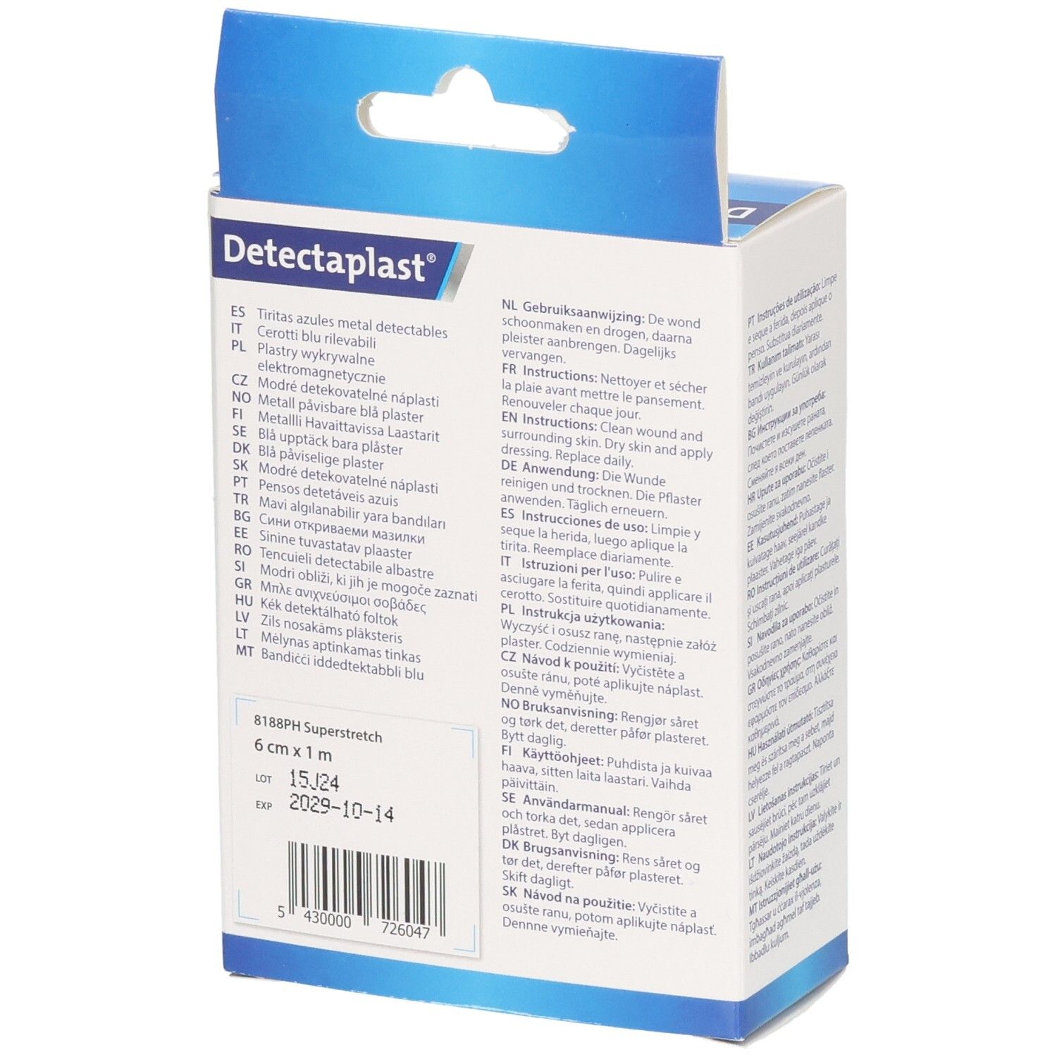 Arrière de l'emballage : Pansements bleus Detectaplast, 6 cm x 1 m, Super Stretch, numéro de lot, date d'expiration.