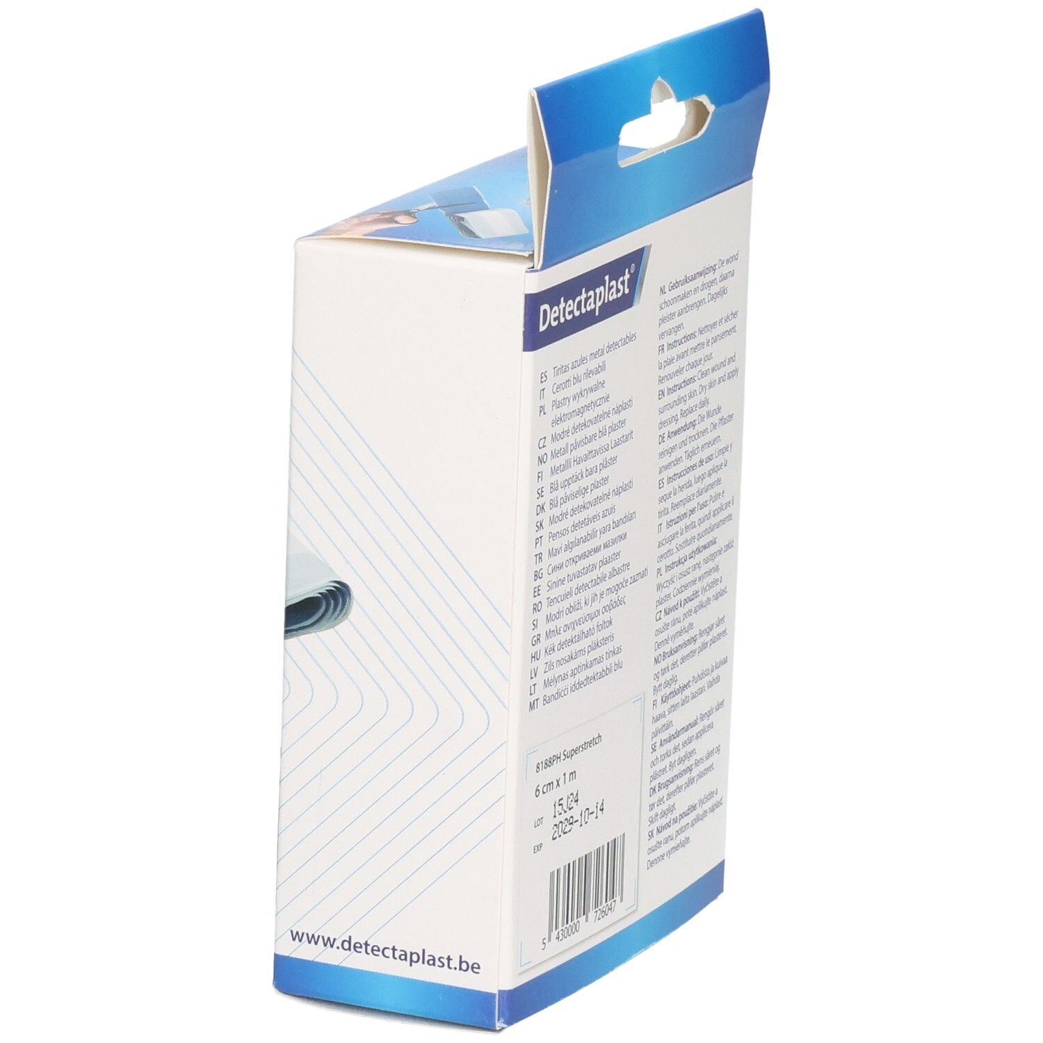 Côté de l'emballage : Pansements bleus Detectaplast, 6 cm x 1 m, Super Stretch, avec instructions.
