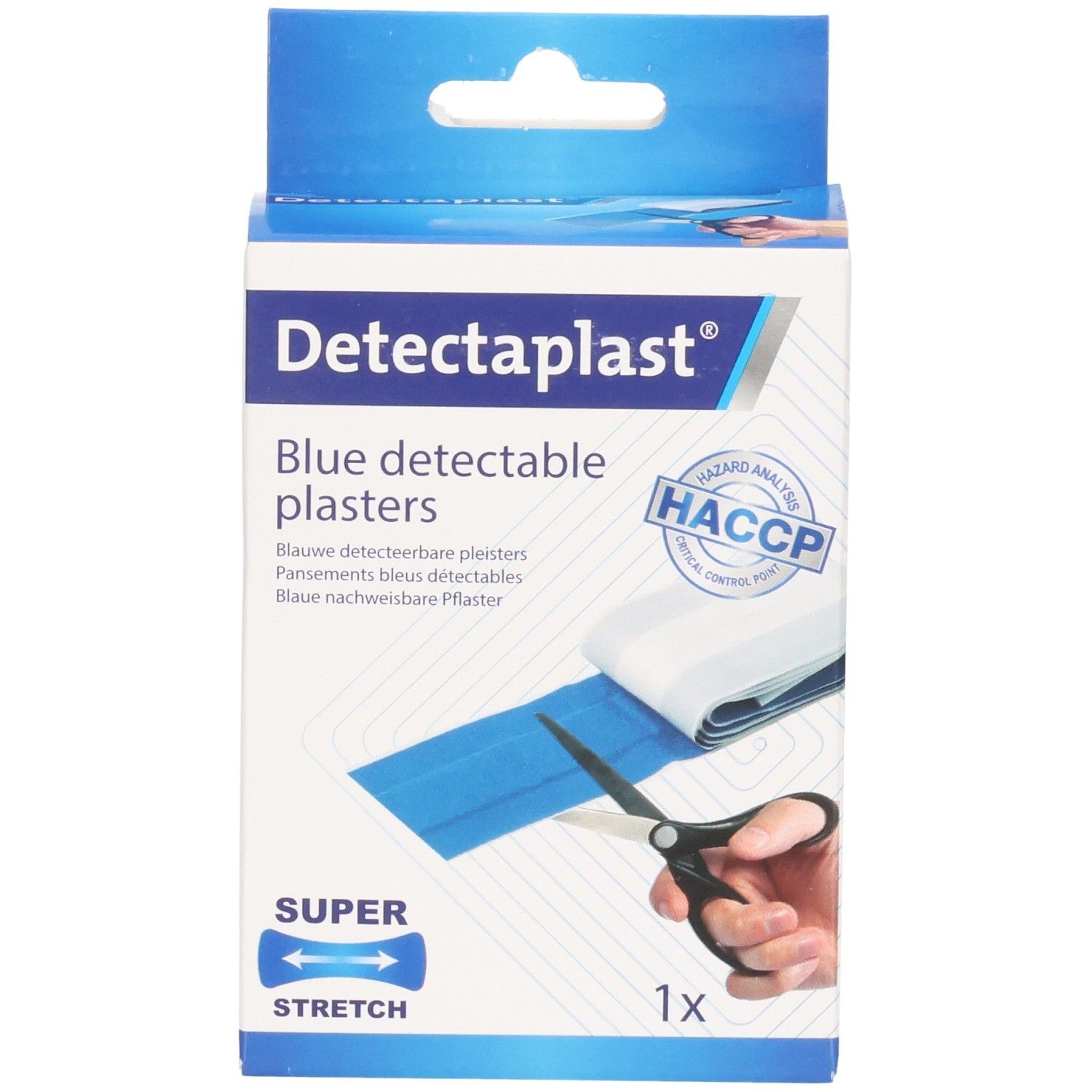 Rouleau de pansements bleus détectables Detectaplast, 6 cm x 1 m, Super Stretch, certifié HACCP.