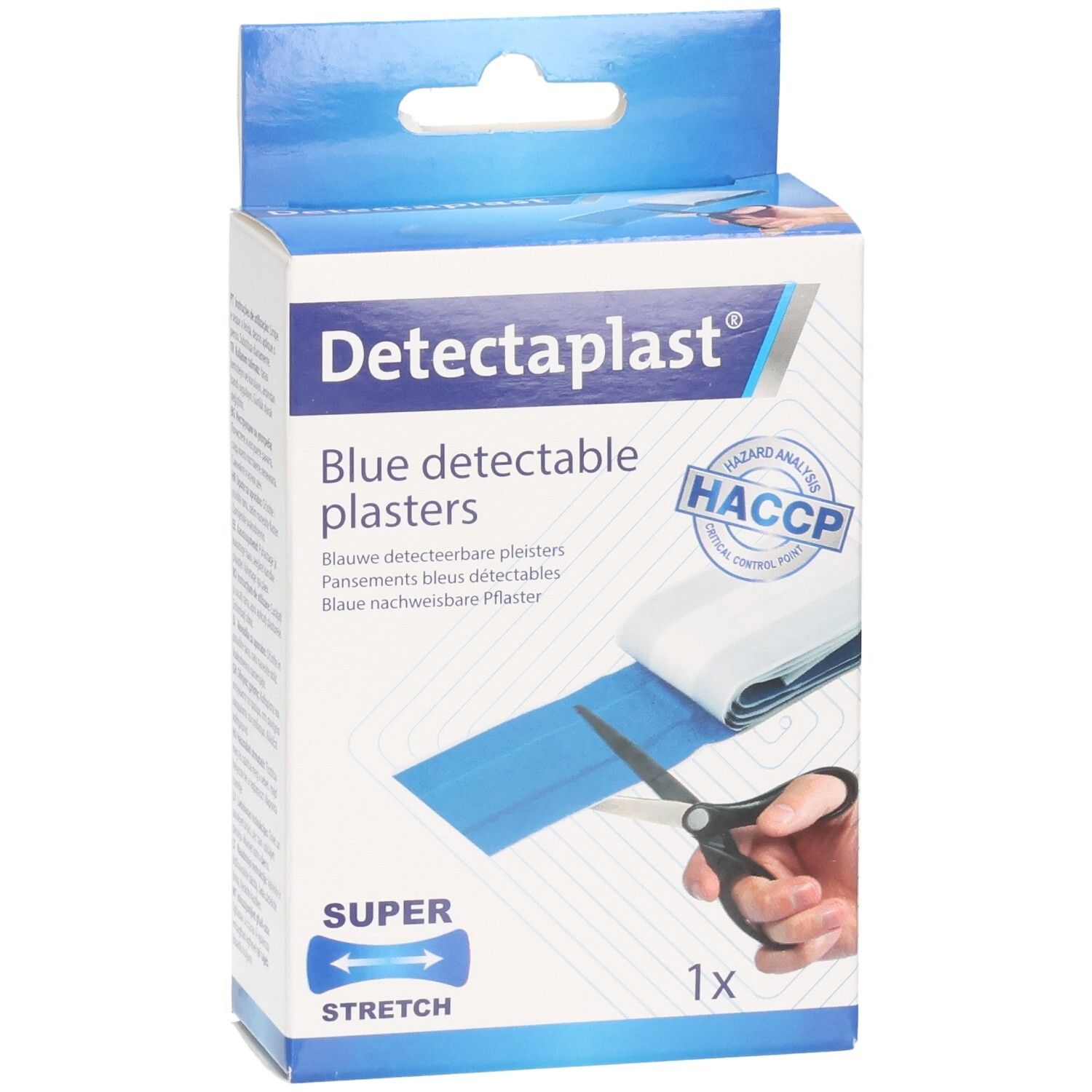Rouleau de pansements bleus détectables Detectaplast, 6 cm x 1 m, Super Stretch, certifié HACCP.