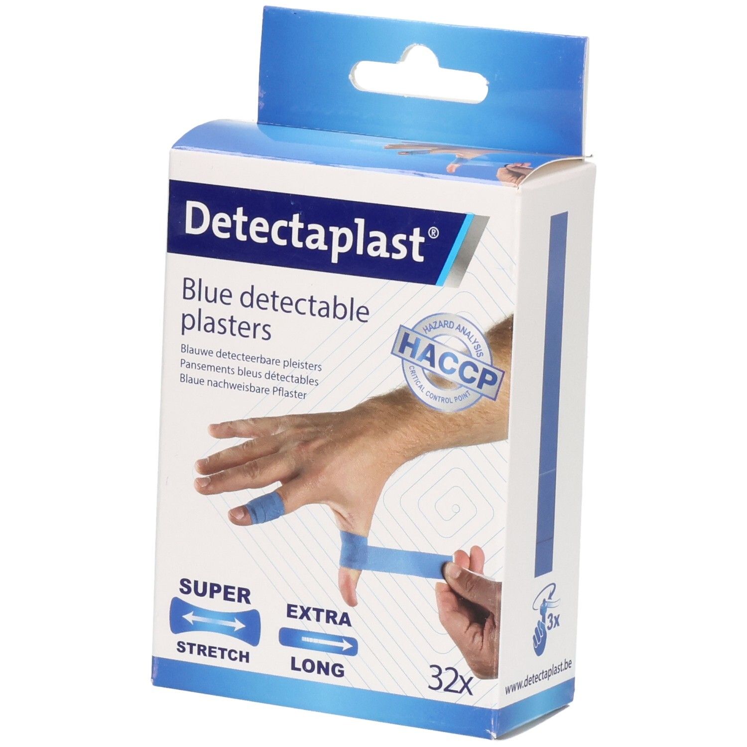 Pansements Detectaplast: Bleus, détectables, extensibles et longs. 32 pièces.