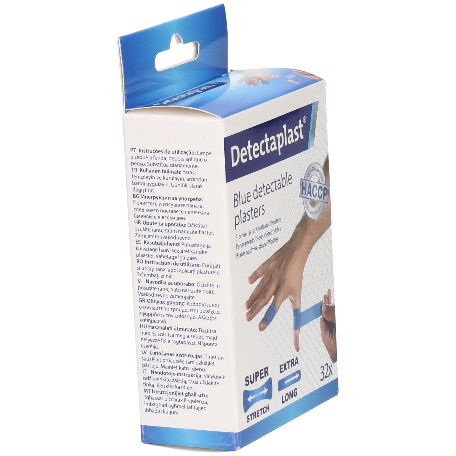 Pansements Detectaplast: Bleus, détectables, extensibles et longs. 32 pièces.