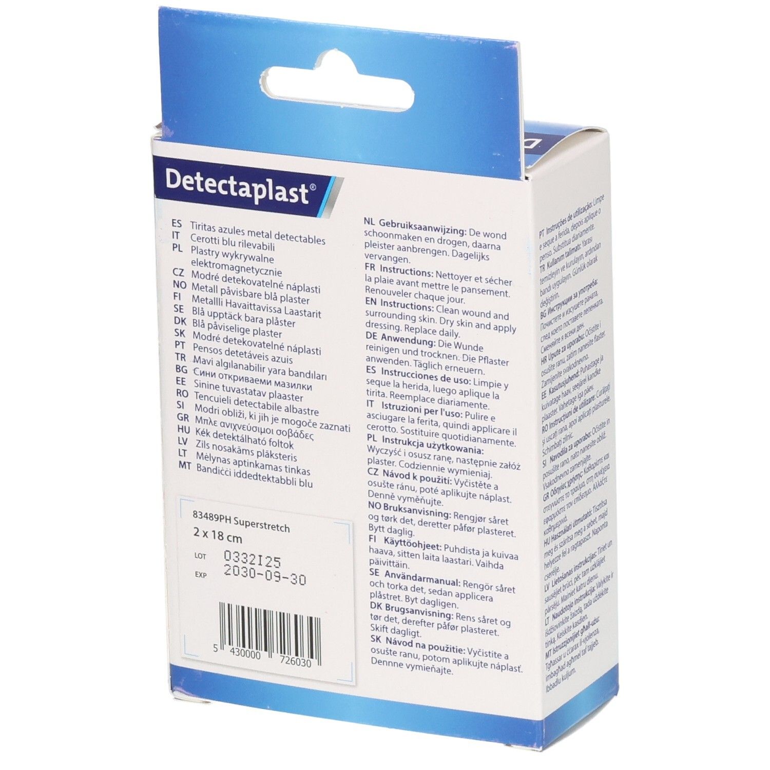 Pansements Detectaplast: Bleus, détectables, extensibles et longs. 32 pièces.
