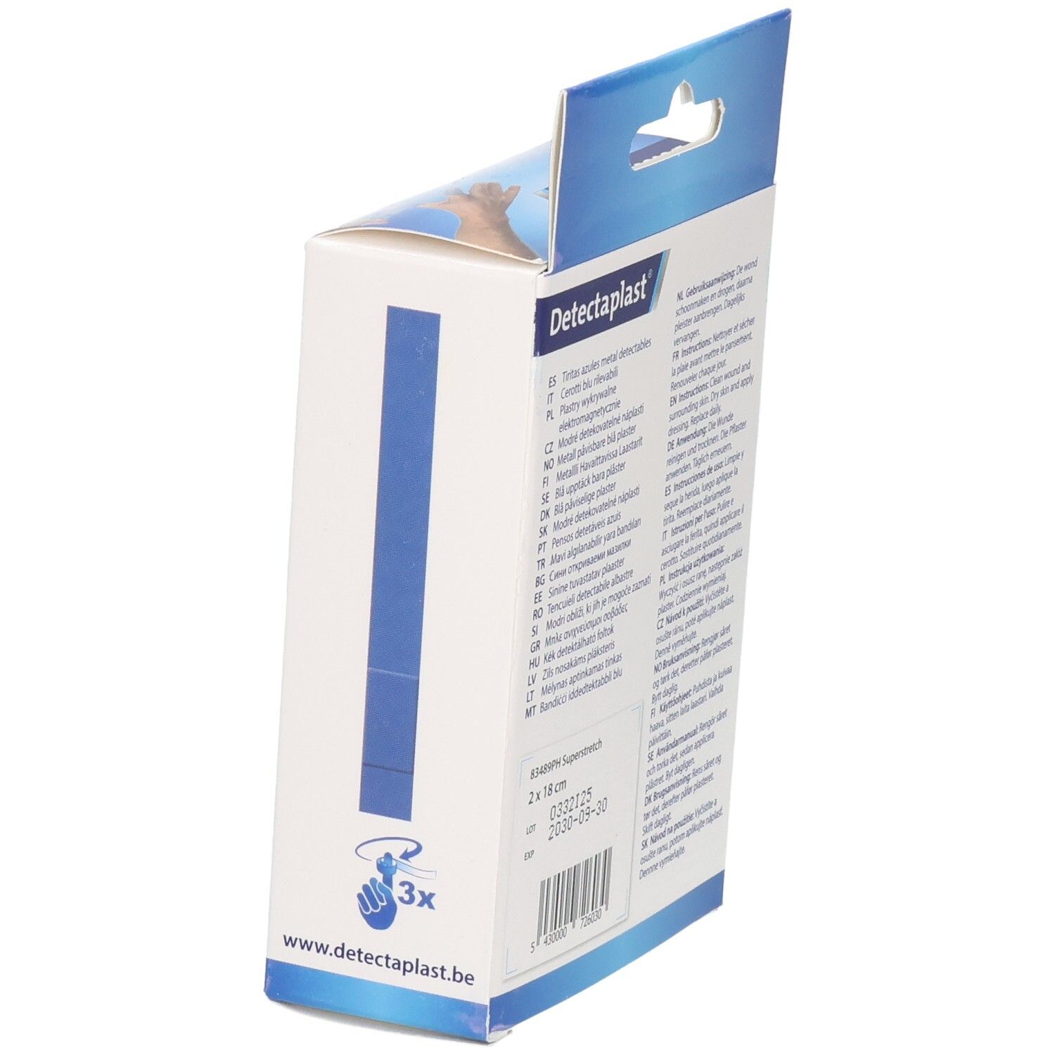 Pansements Detectaplast: Bleus, détectables, extensibles et longs. 32 pièces.