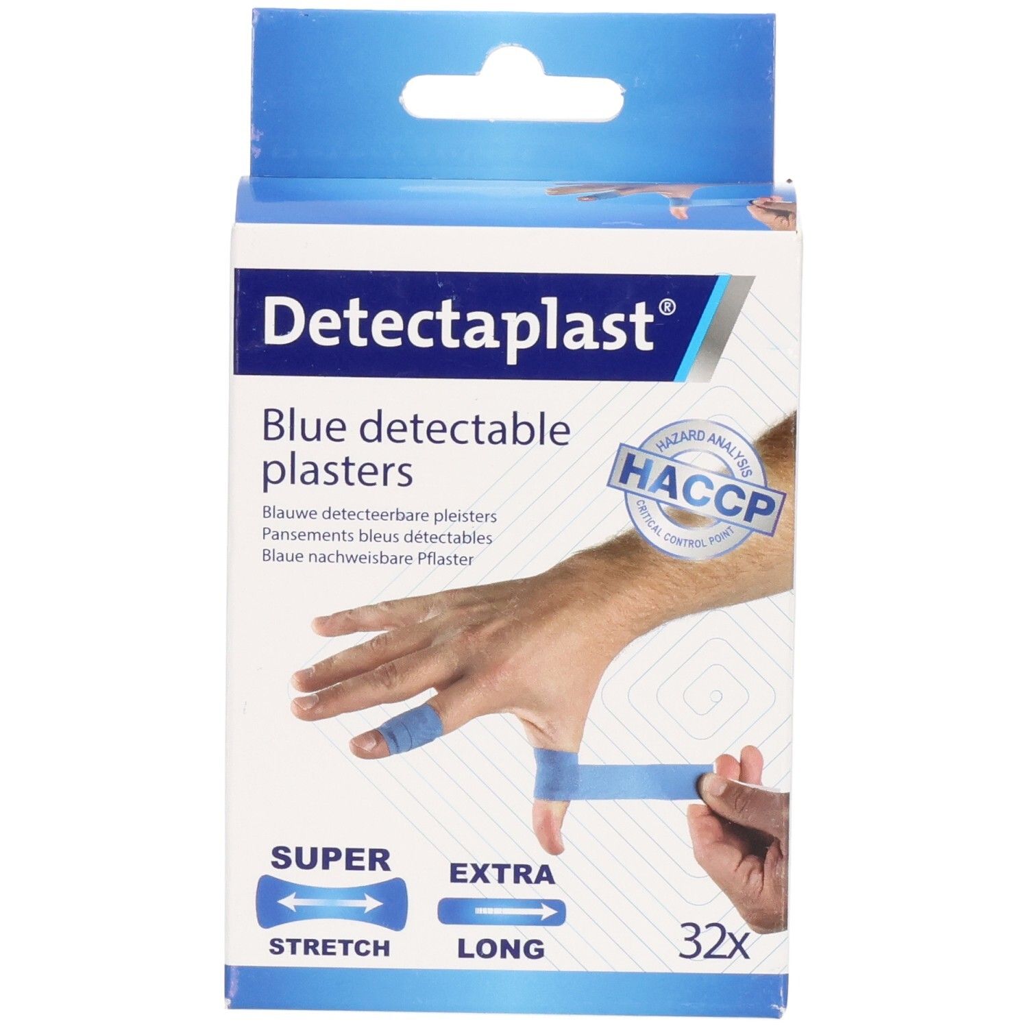 Pansements Detectaplast: Bleus, détectables, extensibles et longs. 32 pièces.
