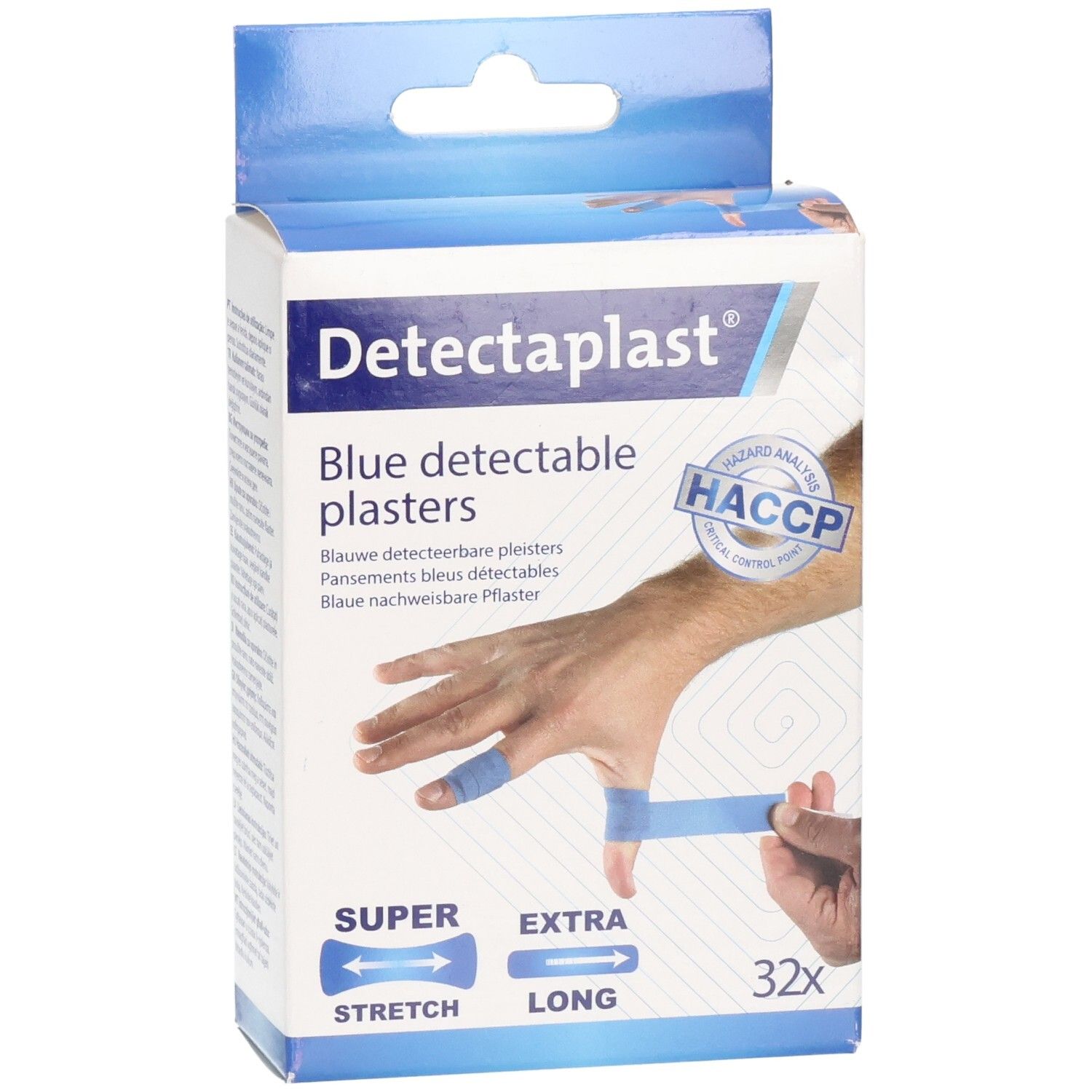 Pansements Detectaplast: Bleus, détectables, extensibles et longs. 32 pièces.