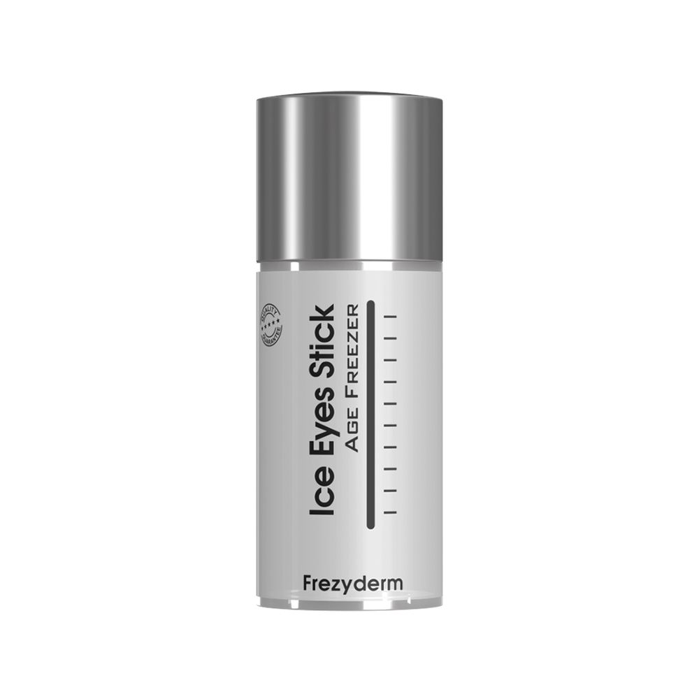 Frezyderm Ice Eyes Stick avec capuchon argenté, flacon transparent avec échelle et contenu blanc.