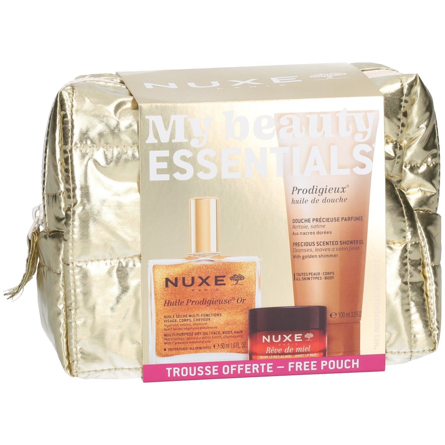 Set Nuxe My Beauty Essentials avec trousse dorée, Huile Prodigieuse, gel douche et baume à lèvres.