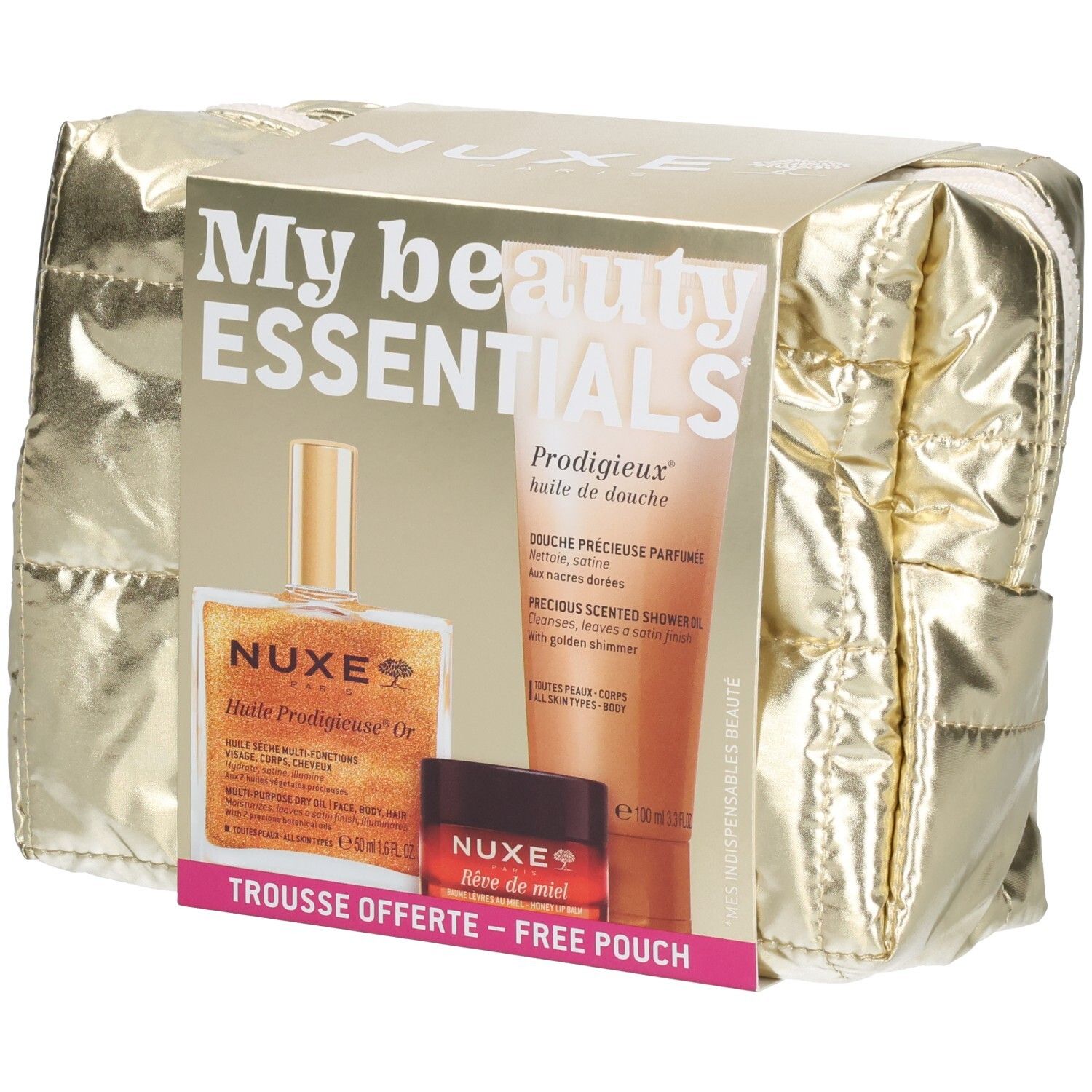 Set Nuxe My Beauty Essentials avec trousse dorée, Huile Prodigieuse, gel douche et baume à lèvres.