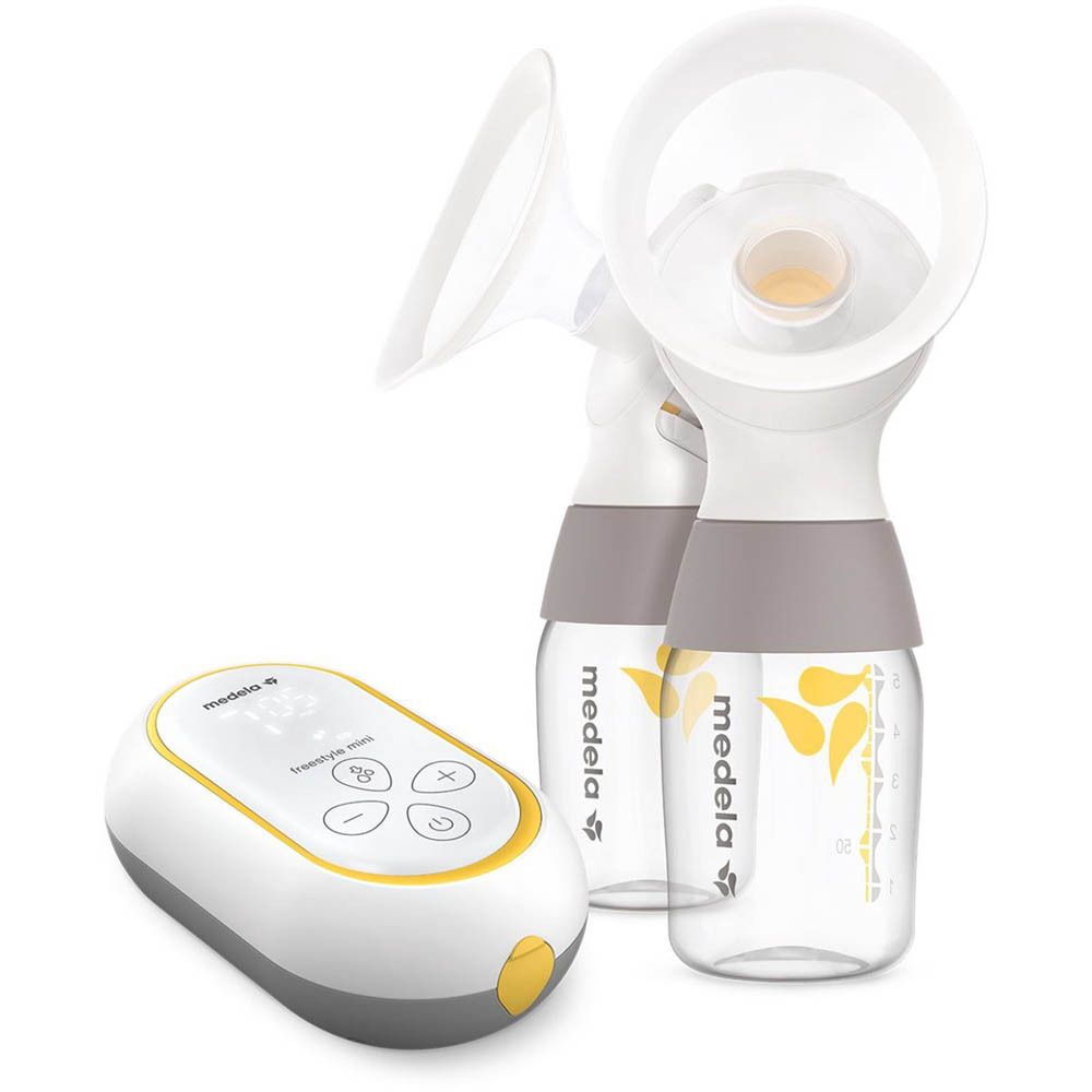 Tire-lait Medela avec deux biberons et unité de contrôle. Blanc, gris, jaune.