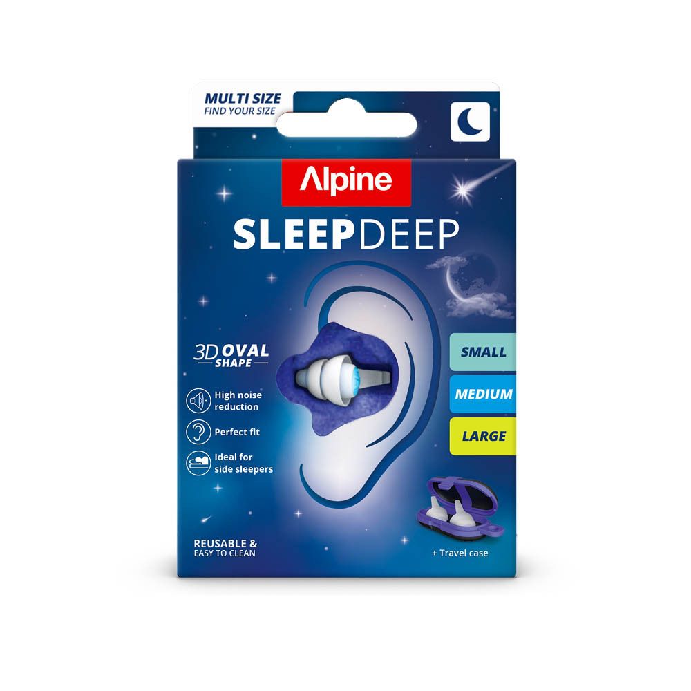Emballage bouchons d'oreilles Alpine SleepDeep, forme ovale 3D, réduction du bruit, étui de voyage.