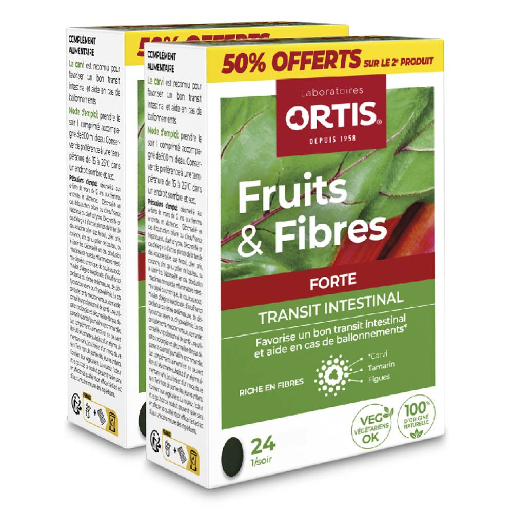 Ortis Fruits & Fibres Forte: 24 comprimés pour le transit intestinal. Ingrédients naturels.
