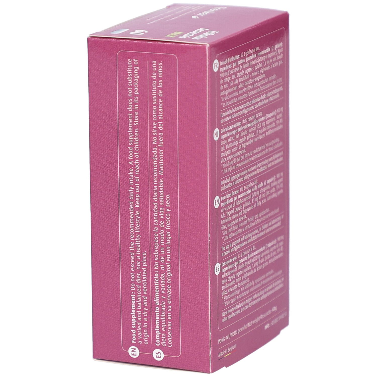 Boîte rose, vue latérale avec texte multilingue. Contient des informations d'utilisation.