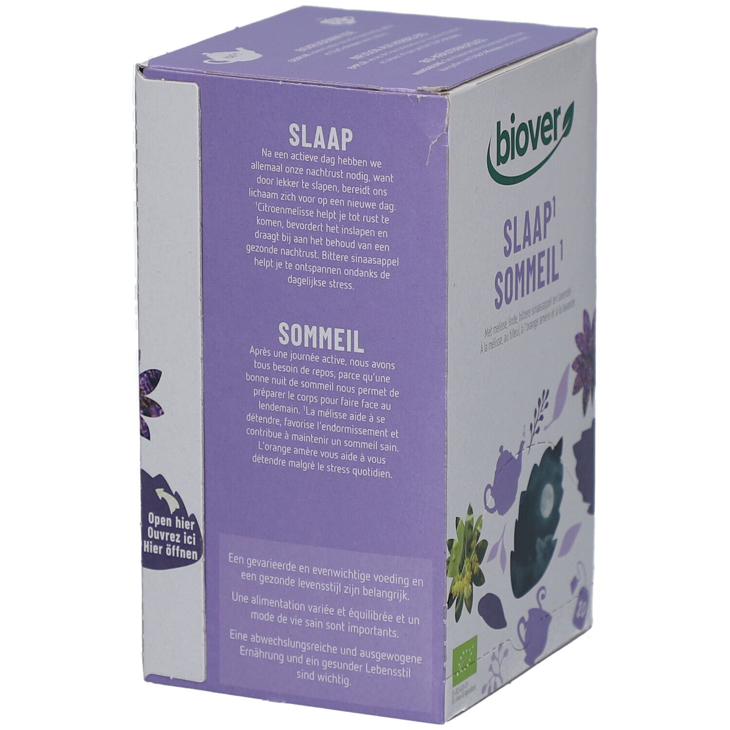 Boîte en carton avec texte sur le sommeil et une alimentation saine. Marque Biover. Avec illustrations florales.