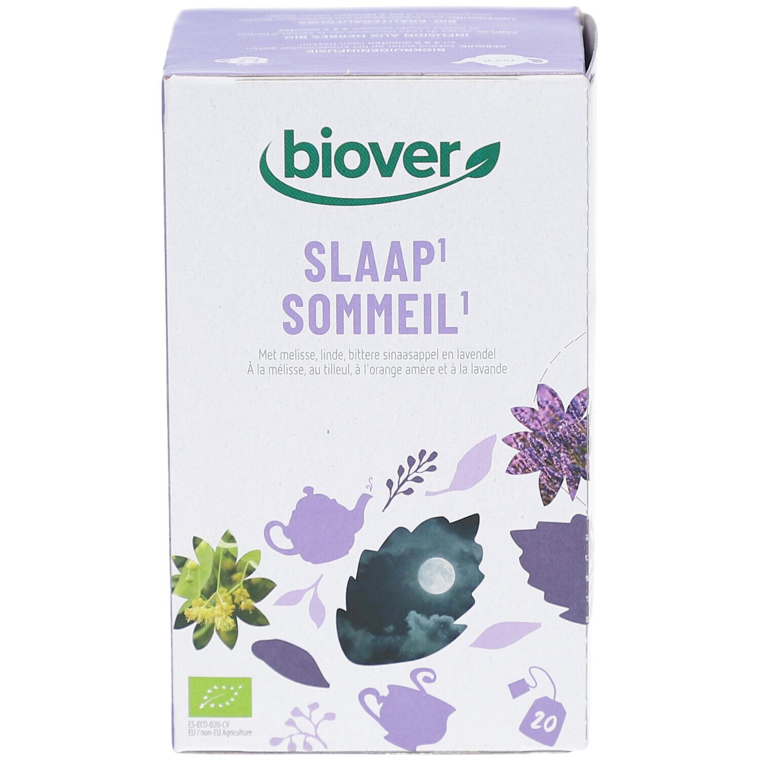 Boîte en carton avec nom du produit et illustrations florales. Marque Biover. Contient 20 sachets de thé.