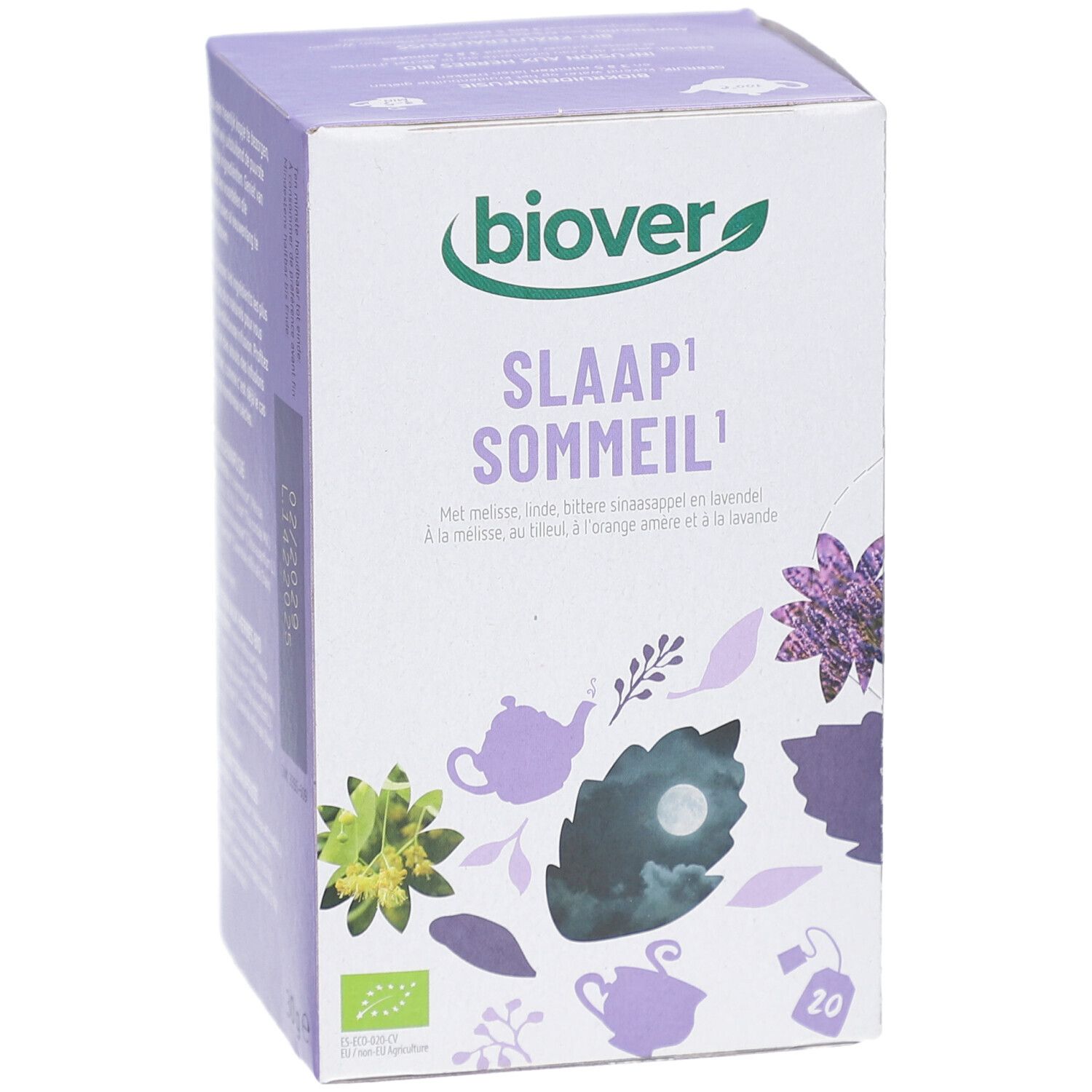 Boîte en carton avec nom du produit et illustrations florales. Marque Biover. Contient 20 sachets de thé.