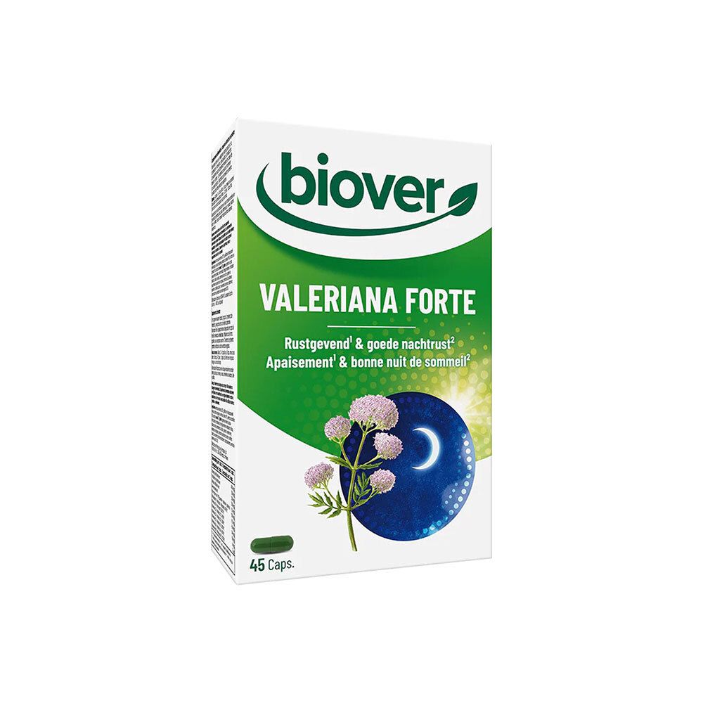 Boîte "Biover Valeriana Forte" en biais. Emballage vert et blanc avec nom du produit et illustration florale. 45 gélules.